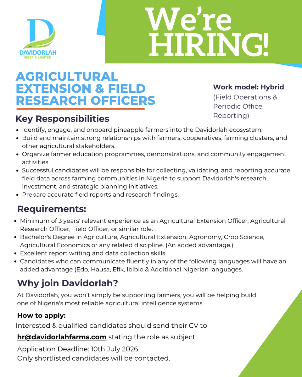 davidorlah's tweet photo. WE ARE HIRING - AGRICULTURAL EXTENSION &amp; FIELD RESEARCH OFFICERS

We are actively recruiting Agricultural Extension &amp; Field Research Officers across Nigeria, and we're looking to hire multiple professionals to join our growing nationwide team. https://t.co/Vx1GNDnhzF