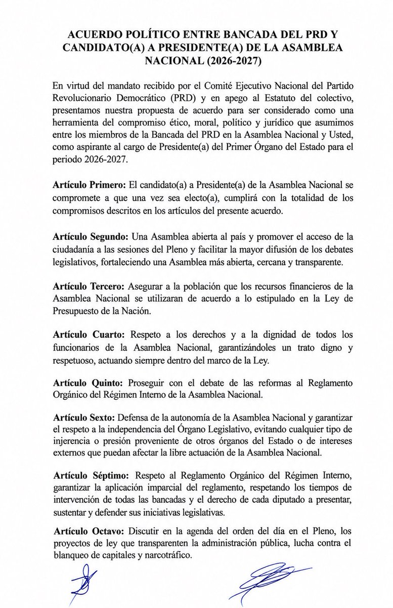 PRDesPanama's tweet photo. Nuestra bancada de diputados del PRD ha definido su posición respecto a la elección de la Junta Directiva de la Asamblea Nacional para el período 2026-2027.

Luego de evaluar los distintos escenarios, ha decidido respaldar la candidatura de la H.D. Shirley Castañedas, tras suscribir el documento de compromisos institucionales presentado por nuestra bancada, el cual recoge los principios que consideramos indispensables para la administración de la Asamblea Nacional durante el próximo período legislativo.

Como partido, reafirmamos nuestro compromiso de seguir siendo oposición. Continuaremos fiscalizando al Gobierno y defendiendo, por encima de todo, los intereses del pueblo panameño.