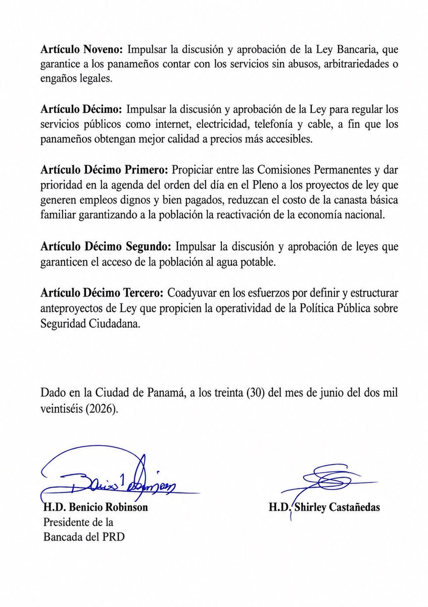 PRDesPanama's tweet photo. Nuestra bancada de diputados del PRD ha definido su posición respecto a la elección de la Junta Directiva de la Asamblea Nacional para el período 2026-2027.

Luego de evaluar los distintos escenarios, ha decidido respaldar la candidatura de la H.D. Shirley Castañedas, tras suscribir el documento de compromisos institucionales presentado por nuestra bancada, el cual recoge los principios que consideramos indispensables para la administración de la Asamblea Nacional durante el próximo período legislativo.

Como partido, reafirmamos nuestro compromiso de seguir siendo oposición. Continuaremos fiscalizando al Gobierno y defendiendo, por encima de todo, los intereses del pueblo panameño.