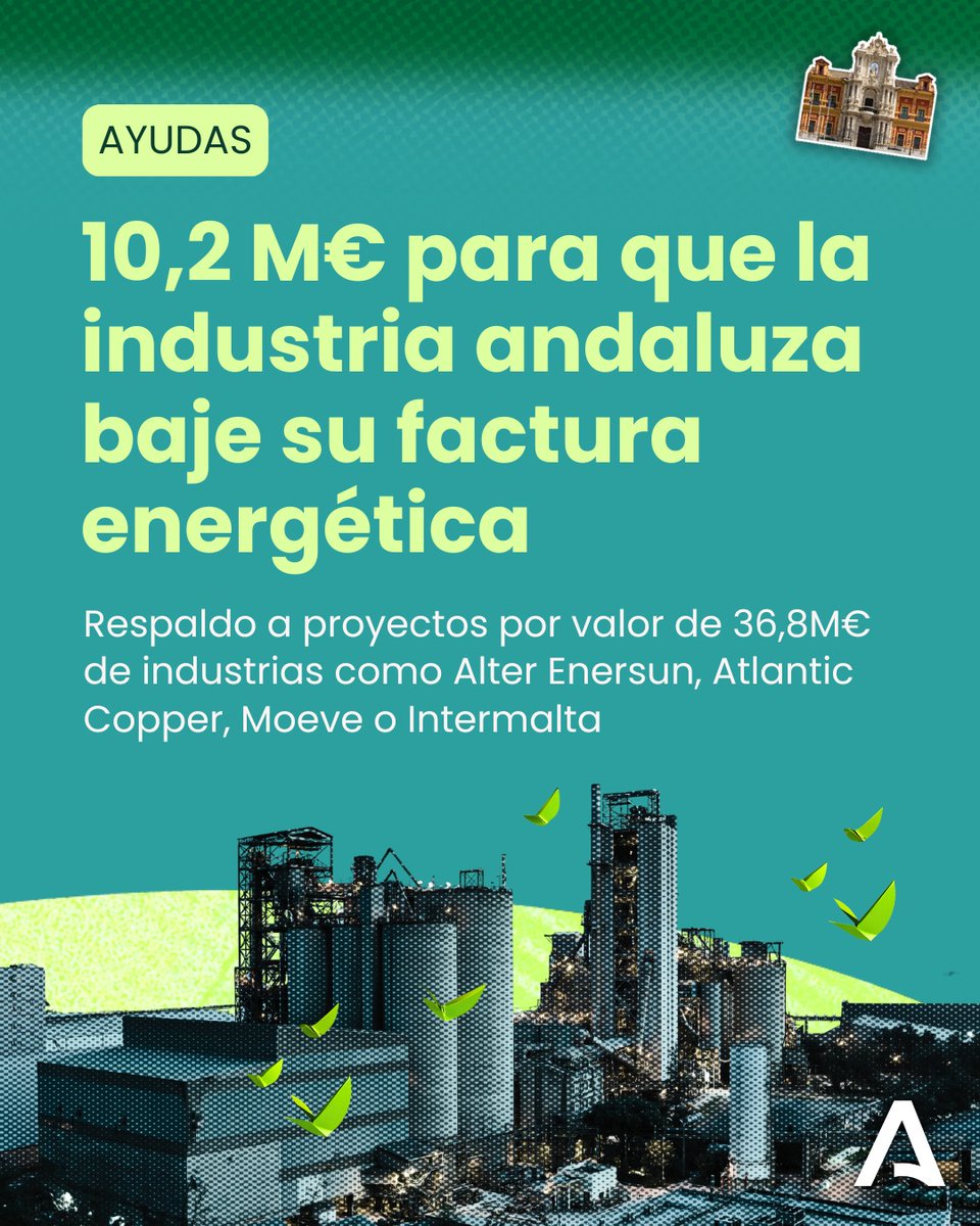 AndaluciaJunta's tweet photo. @CarolinaEspanaR @EducaAnd @AgriculturAnd @MC_CastilloMena @Plan_INFOCA @RamonFPM 🔊 @CarolinaEspanaR: Ayudas para la mejora energética de la industria andaluza.

➬ 10,2 M€

Se trata de reducir la factura energética e incrementar la productividad de una serie de empresas del sector metalúrgico, químicas, agroalimentaria y del ciclo integral del agua. https://t.co/JuRJiTVEQA