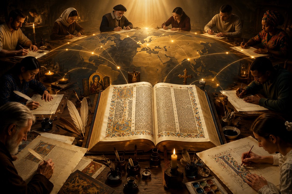TimothyMondayBt's tweet photo. I have just received a letter from Margery Kempe's Fellowship (@MKCPFellowship) , which I share here in the hope that some of you may feel as drawn to it as I have.

Their project, properly called "The Fellowship Scriptorium", strikes me as a deeply godly undertaking, and a beautiful way of praising the Lord: not merely by reading His Word, but by setting it down with one's own hand, as generations of faithful scribes once did.

Should this call speak to you, you are warmly invited to take part:

The Fellowship Scriptorium

For centuries, the Word of God was lovingly copied by the hands of devoted scribes, who transformed the labour of writing into an act of prayer and praise. The Fellowship seeks to revive that tradition for our own age.

We invite Christians from every nation to take part in the creation of a hand-written King James Bible—a single manuscript composed by many hands, offered to the glory of God.

Those who wish to participate need only let us know. Each volunteer will be entrusted with a short passage of Holy Scripture to copy by hand. Once completed, the page will be scanned and returned to the Fellowship, where it will be assembled with the contributions of others into one complete manuscript.

Some participants may also be invited to create illuminated pages, illustrations, decorative initials, maps, reflections, or artistic interpretations inspired by the Scriptures, recalling the rich tradition of the great scriptoria while giving expression to the gifts of the present day.

Every page will bear the name or signature of its scribe, preserving the identity of each contribution while forming part of a single work. The finished manuscript will stand as a visible testimony that, though we are many, we are united in our love for God's Word and in our desire to glorify Him.

Once completed, the manuscript will serve as the master copy from which high-quality facsimile editions will be produced. Every facsimile will faithfully reproduce the original page by page—every hand, every flourish, every illustration, every imperfection—so that the finished work may be shared without losing the character of the manuscript itself.

This is not merely the copying of a book. It is the restoration of a sacred craft. It is a twenty-first-century scriptorium, where believers separated by oceans and cultures become fellow scribes of one manuscript. Each stroke of the pen is a prayer. Each page is an offering. Together, we seek to create a work that honours the Holy Scriptures, celebrates the beauty of craftsmanship, and stands as a lasting witness to the fellowship of Christians united in praise of Almighty God.

If you would like to take part in this work of worship and help create the Fellowship Mosaic Bible, we would be delighted to hear from you. Please send me or the Fellowship a direct message to join the project.

Thank you, and #God bless you.

#Bible
#MosaicBible
#KJV
#Anglican
#Christianity
#Christian
@churchofengland 
@AnglicanNews 
@AnglicanWorld 

https://t.co/WmBZaUu3t3
