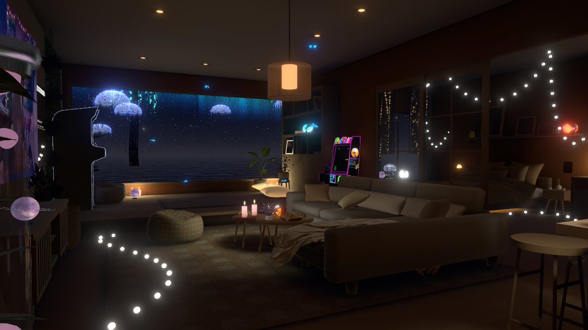 kaito7784's tweet photo. 窓の外は、光るクラゲが漂う海。
電飾のあたたかい部屋で、ただゆらめきを眺める夜。

World : Jellyfish House
Author : PezzieBoo

#VRChat #VRChat_world紹介 https://t.co/GG6ubIrEuG