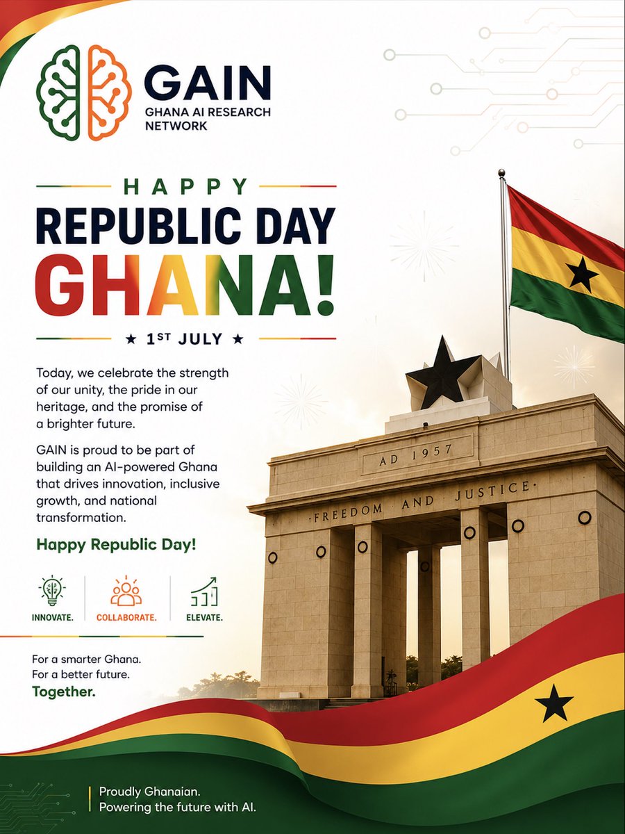 GhAIResNet's tweet photo. Happy Republic Day to all Ghanaians. 

Let’s all drive an innovative and inclusive growth to ensure National transformation… https://t.co/PA4wCd75um