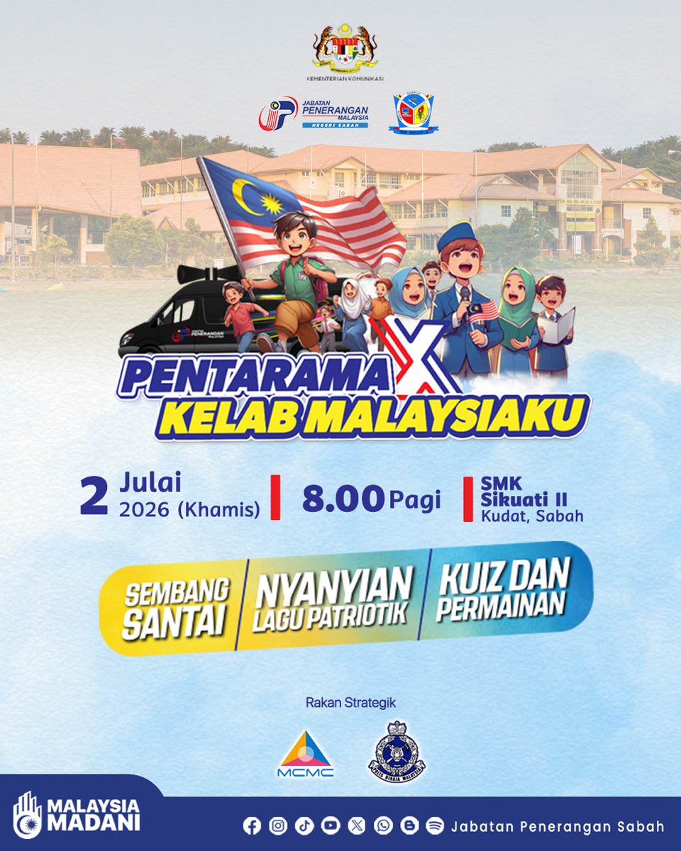 JapenSabah's tweet photo. 📢 PENTARAMA X KELAB MALAYSIAKU KEMBALI! 🇲🇾

Jom sertai kami pada 2 Julai 2026 (Khamis) di dua lokasi:

📍 7.15 pagi – SM St. Peter Kudat (M)
📍 8.00 pagi – SMK Sikuati II, Kudat https://t.co/0VxgOyUwEY