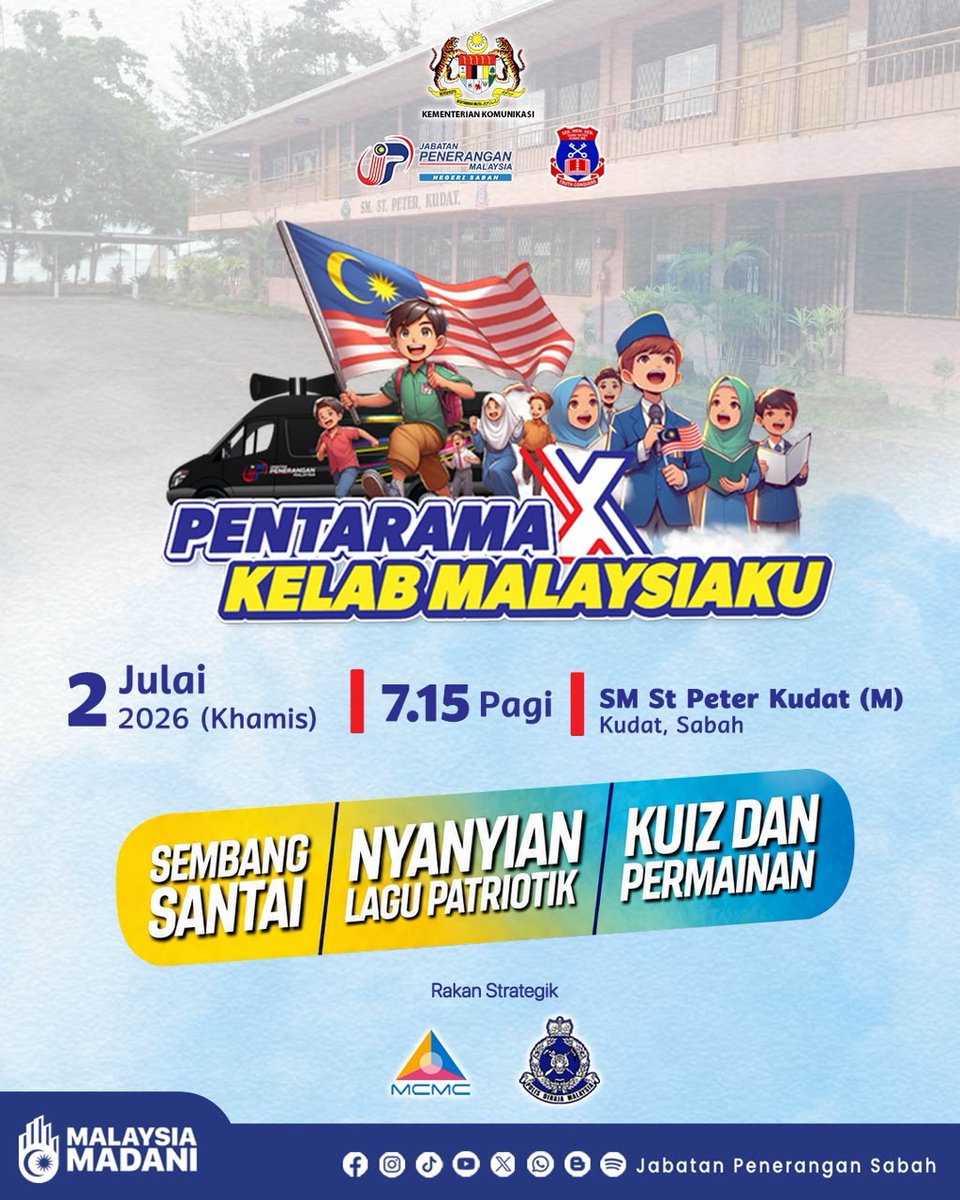 JapenSabah's tweet photo. 📢 PENTARAMA X KELAB MALAYSIAKU KEMBALI! 🇲🇾

Jom sertai kami pada 2 Julai 2026 (Khamis) di dua lokasi:

📍 7.15 pagi – SM St. Peter Kudat (M)
📍 8.00 pagi – SMK Sikuati II, Kudat https://t.co/0VxgOyUwEY