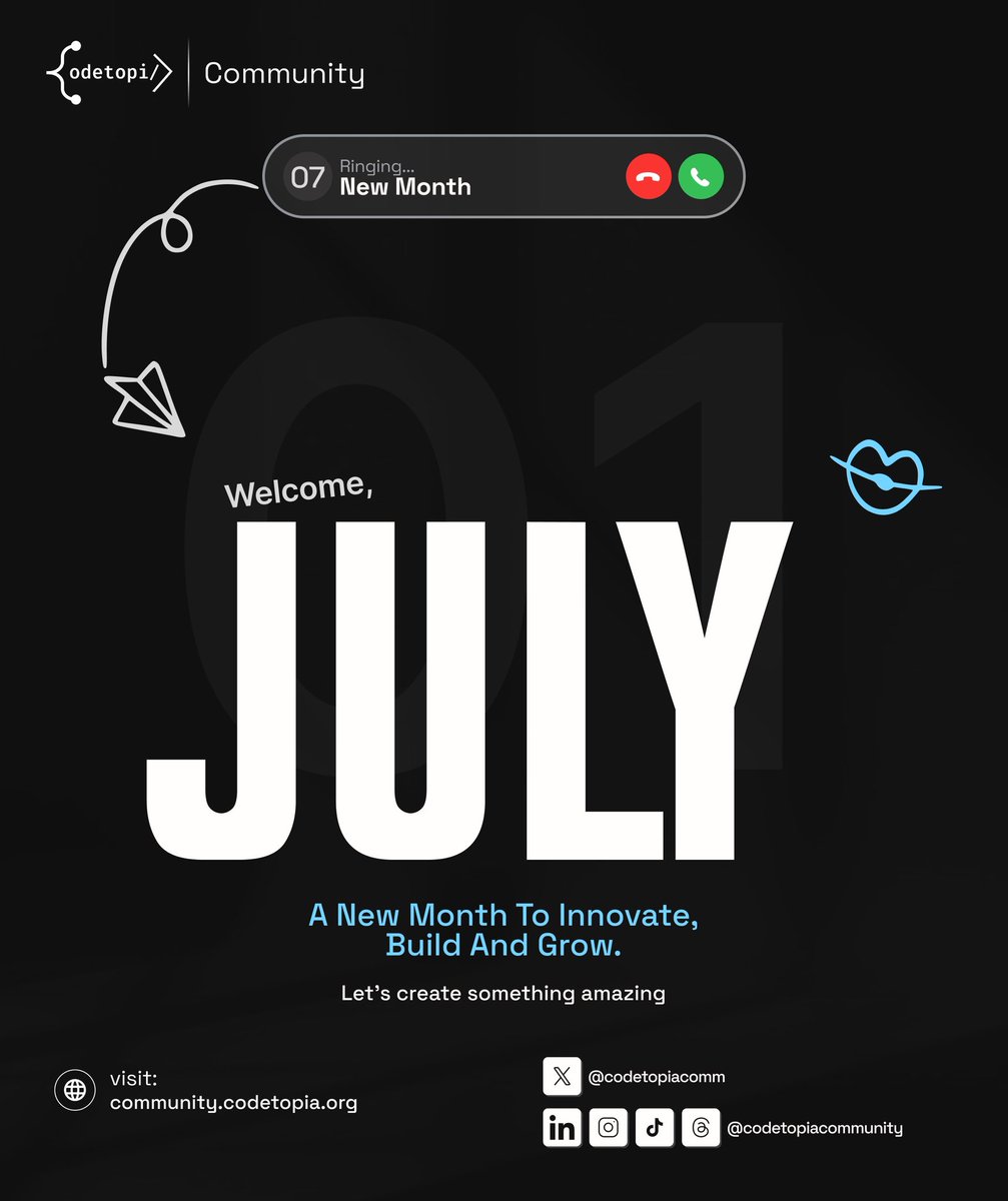 codetopiacomm's tweet photo. Hello, July. 👋

A new month means new ideas, new opportunities, and new milestones.

Let's innovate, build, collaborate, and grow together.

Welcome to July. 🚀

#Codetopia #Codetopiacommunity #BuildInPublic #TechCommunity #July https://t.co/n92TjT1SiC