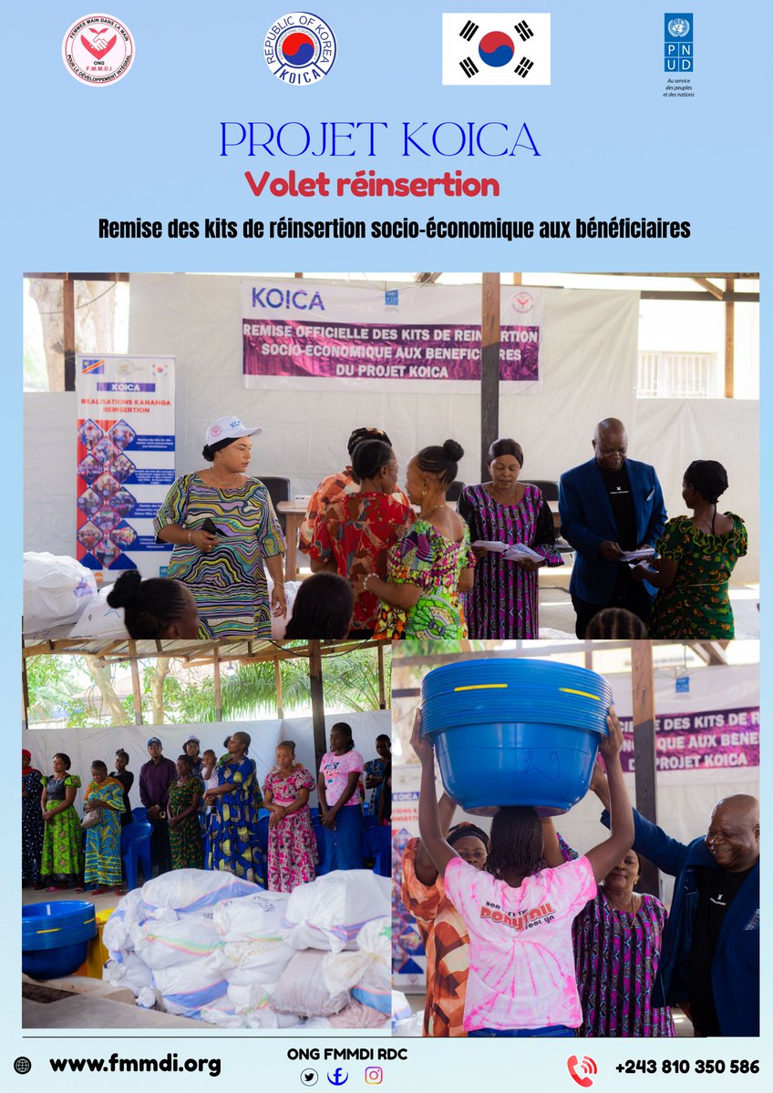 fmmdiongrdc's tweet photo. Au total, 82 femmes et filles vulnérables ont bénéficié des kits de réinsertion socio-économique à Kananga dans le cadre du Projet KOICA à travers le PNUD. Ces kits vont leur permettre aux de développer les  activités génératrices des revenus afin d’assurer leur autonomisation. https://t.co/Ewg6YFO1UZ