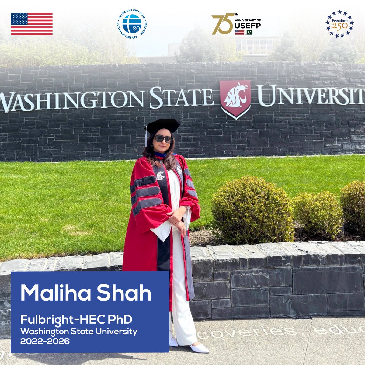 USEFP's tweet photo. Forever a Fulbrighter! ✨ 

Congratulations to Maliha Shah on earning her Ph.D. in Language, Literacy, and Technology from WSU! Her journey embraced diverse perspectives and collaboration—true Fulbright values.

#USEFP #Fulbright #Graduation26 https://t.co/ltmoMpFvmr