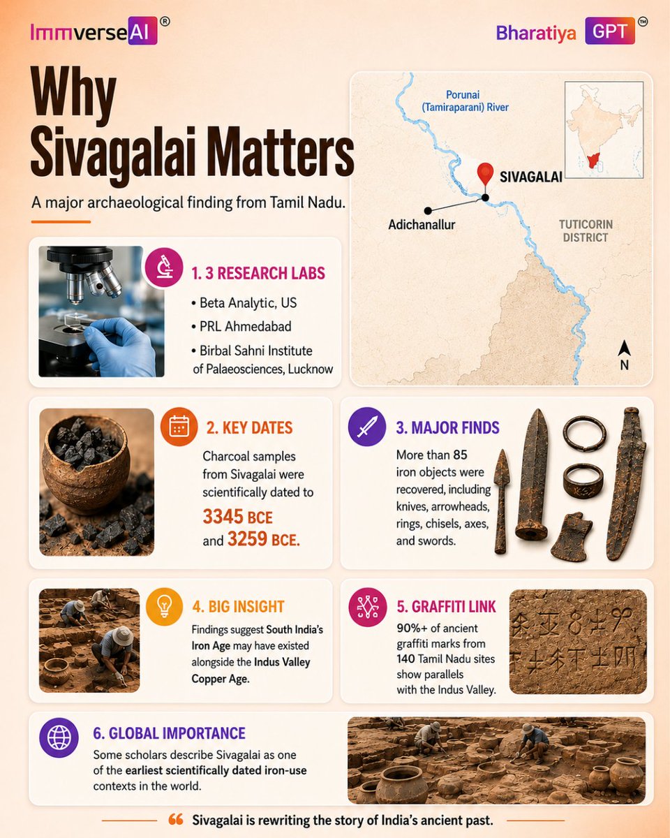 Bharatiyagpt's tweet photo. Sivagalai is changing the timeline of India's Iron Age.

Scientific dating of charcoal samples from Sivagalai, Tamil Nadu, to 3345 BCE and 3259 BCE, along with the discovery of 85+ iron artifacts, suggests that iron technology in South India may be far older than previously believed.

These findings are reshaping archaeological research and offering fresh insights into India's ancient technological heritage.

Discover more with BharatiyaGPT.

#Sivagalai #AncientIndia #Archaeology #IronAge #TamilNadu #BharatiyaGPT #ImmverseAI #IndianHistory #IndianKnowledgeSystems #Heritage