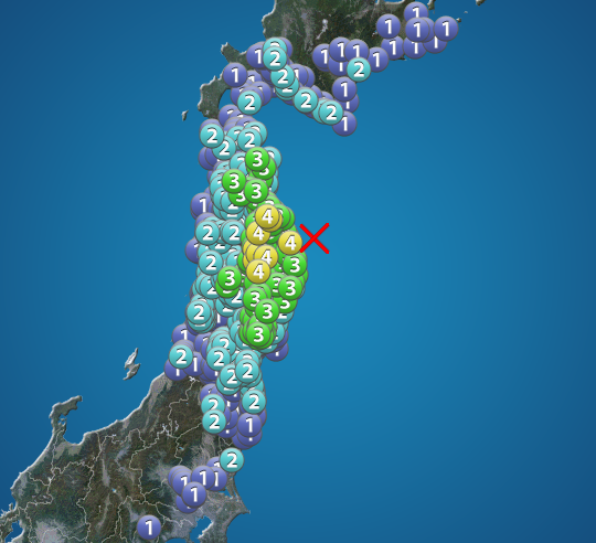 wni_jp's tweet photo. 【地震情報】
7月1日 21:08 震度4
震源：岩手県沖 M6.0 深さ約40km
この地震による津波の心配はありません。
https://t.co/z9sZCoLt11 https://t.co/z9G3DWdBwn