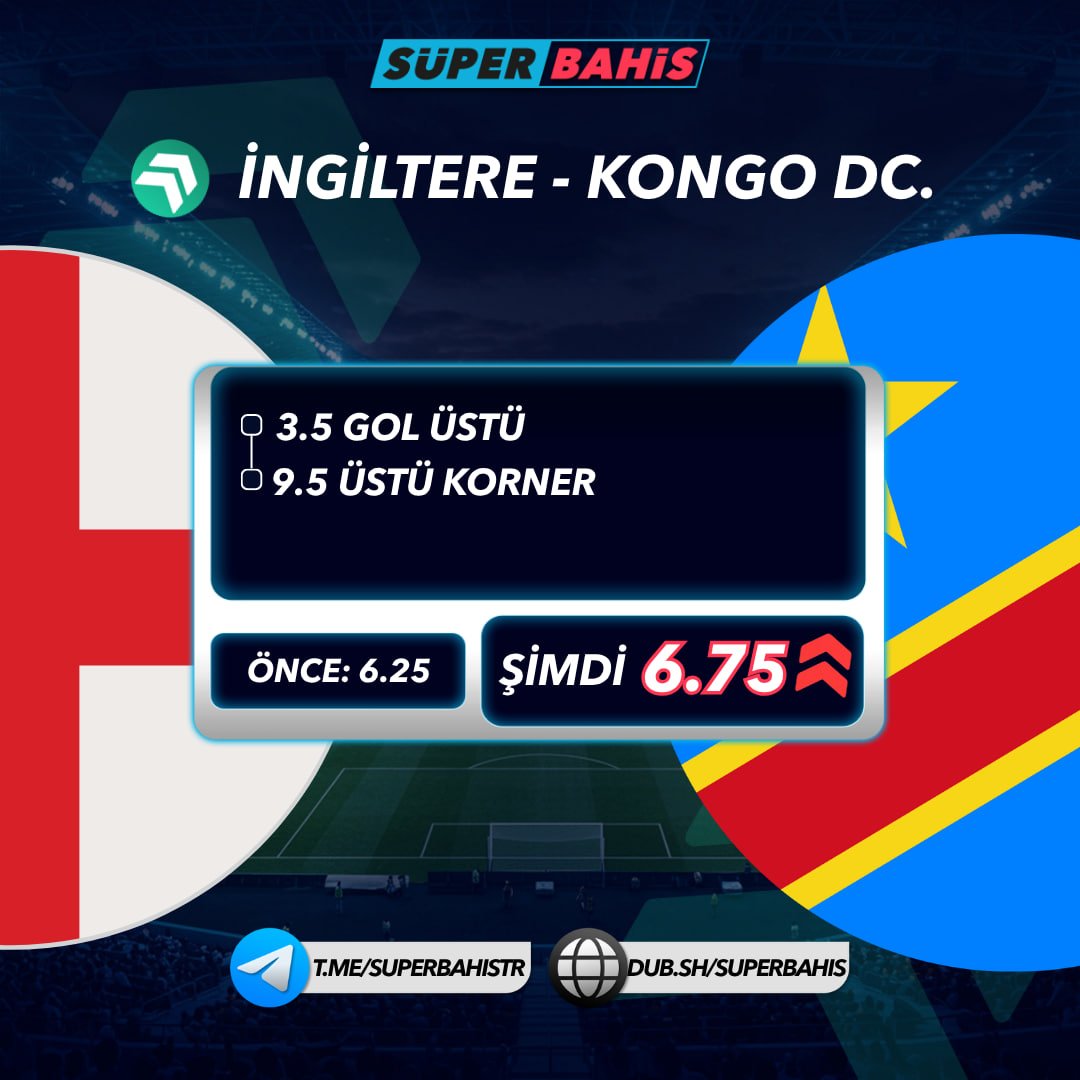 superbahis_tr_'s tweet photo. 🏆 Süper Oranlı Bahis Sihirbazı 🏆

🏴󠁧󠁢󠁥󠁮󠁧󠁿  İngiltere 🆚 Kongo DC. 🇨🇩

⚽️ 3.5 Gol Üstü
⛳️ 9.5 Üstü Korner

Toplam oran 6.25 yerine şimdi 6.75!

Süperbahis Giriş ➡️ https://t.co/M0fBvprE2R https://t.co/RTIzSOrkMU