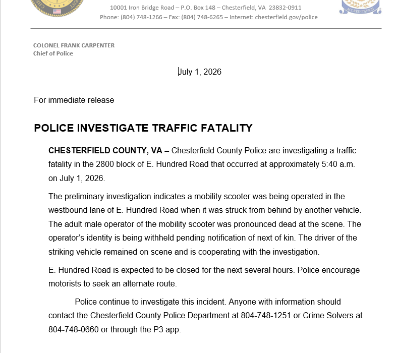 thornton36912's tweet photo. Route 10 @ChesterfieldVa in the 2800 block of E. Hundred Road is shut down @CCPDVa due to a motor vehicle collision.  Please avoid the area @VaDOTRVA https://t.co/tGkWQdtjK3