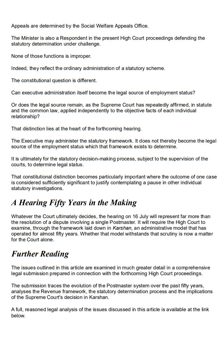 williamhboney1's tweet photo. 50 years in the making.

An Post v Minister Social Welfare

A High Court hearing on 16 July could determine far more than the status of one Postmaster.

It may become the first judicial examination of an administrative model that's operated since 1979.

https://t.co/eZgC8TLY9H https://t.co/a9uNB5GFZ6