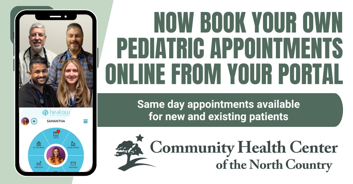nchealthcenter's tweet photo. Book your child’s pediatric appointments online. Fast, easy, and available same day. Use our Healow app to schedule visits with our pediatric providers. New and existing patients welcome.💓 

Click here to schedule: https://t.co/BZLZwqd149

#Healthcare4TheNorthCountry https://t.co/DQxQt72U9r