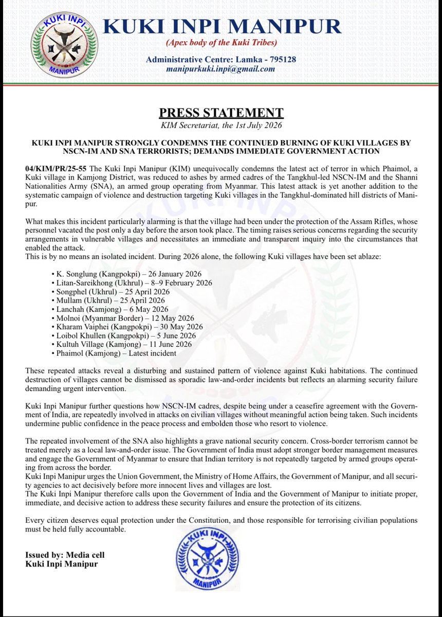 Beck_Eimi's tweet photo. #Manipur
Kuki villages continue to be targeted, homes continue to be reduced to ashes, and innocent families continue to be displaced.These repeated attacks cannot be normalized or ignored.

Kuki Inpi Manipur has issued this press release condemning the continued burning of Kuki villages by alleged NSCN-IM and SNA militants and calling for immediate action to protect civilians,restore security, and ensure accountability.
Silence only emboldens violence. 
Justice delayed is justice denied.
#ManipurViolence

@PMOIndia @HMOIndia @MIB_India
@PIBHomeAffairs @MinorityPIB @aajtak
@ZeeNews
@indiatvnews @DDNewslive
@News24
@Resonant_News
@CNNnews18
@ndtvindia
@NewsNation @RepublicBhart
@ANI
@ABPNews
@News18India @TOlIndiaNews
@PTI_News @airnewsalert
@BBCIndia @TimesNow @NIA_India @adgpi