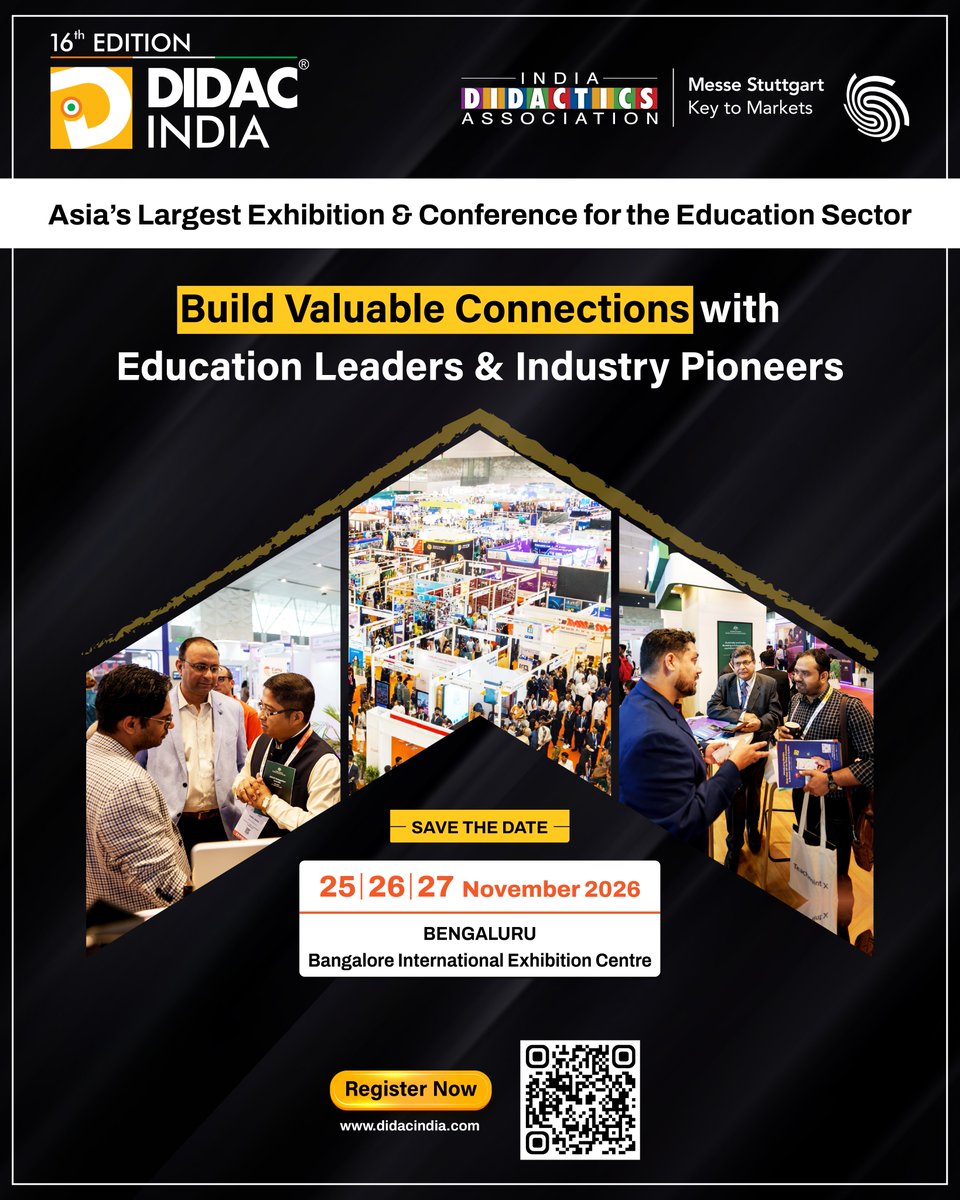 DidacIndia's tweet photo. Didac India 2026 is your gateway to meaningful connections, fresh insights and the ideas driving India's education landscape forward. 

📅 25 | 26 | 27 November 2026 
📍BIEC | Bengaluru

 Register now: https://t.co/j9zq3JgnCM 

#DidacIndia2026 #DidacIndia https://t.co/sTHTx5jeVL