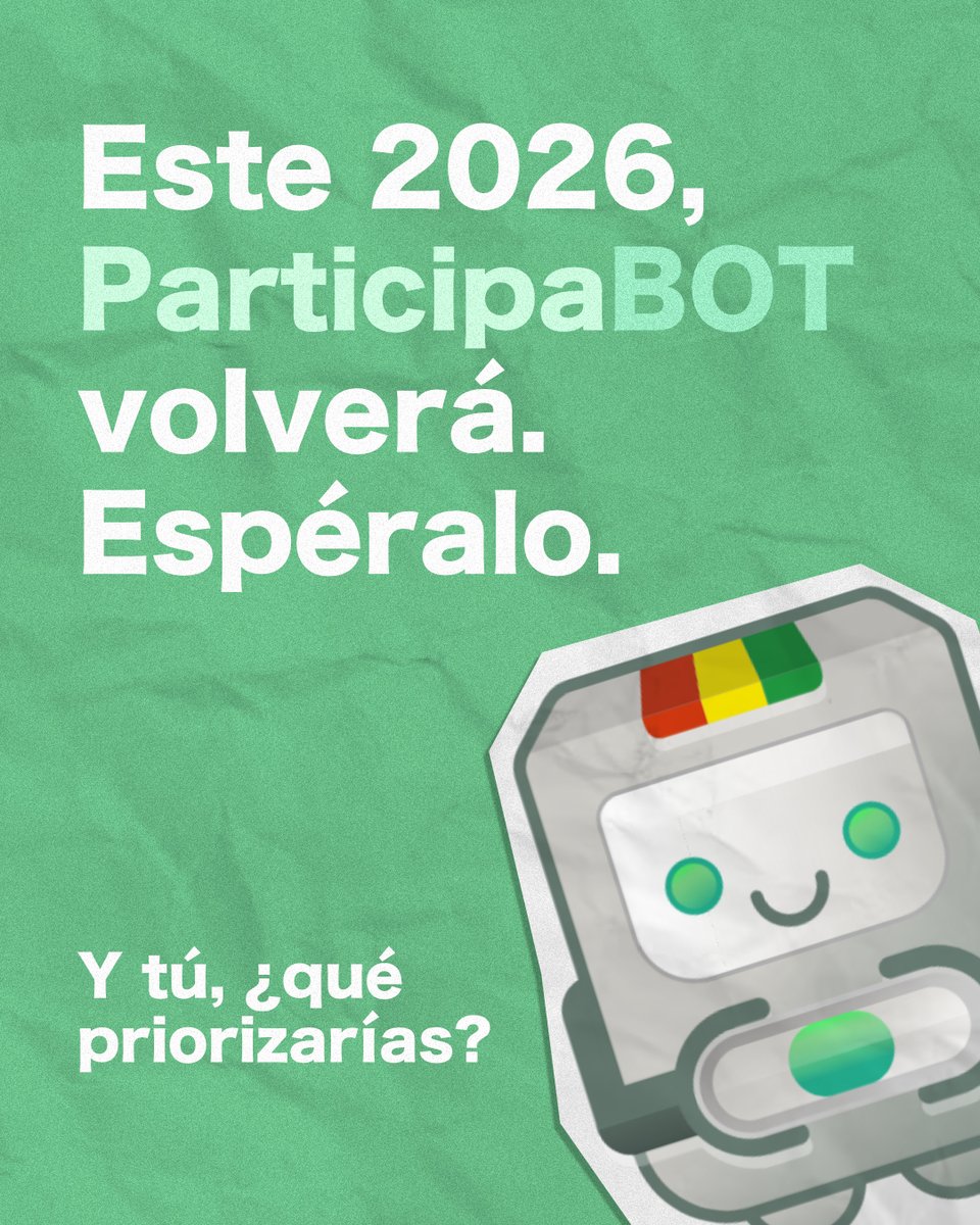LabTecnoSocial's tweet photo. Este 2026, frente a un nuevo escenario de crisis económica, conflictividad política y falta de espacios para escuchar a la ciudadanía, hemos decidido retomar ParticipaBOT.

Pronto más novedades.

Y tú, ¿qué priorizarías?

#ParticipaciónCiudadana #DemocraciaParticipativa https://t.co/vj40vAYwib