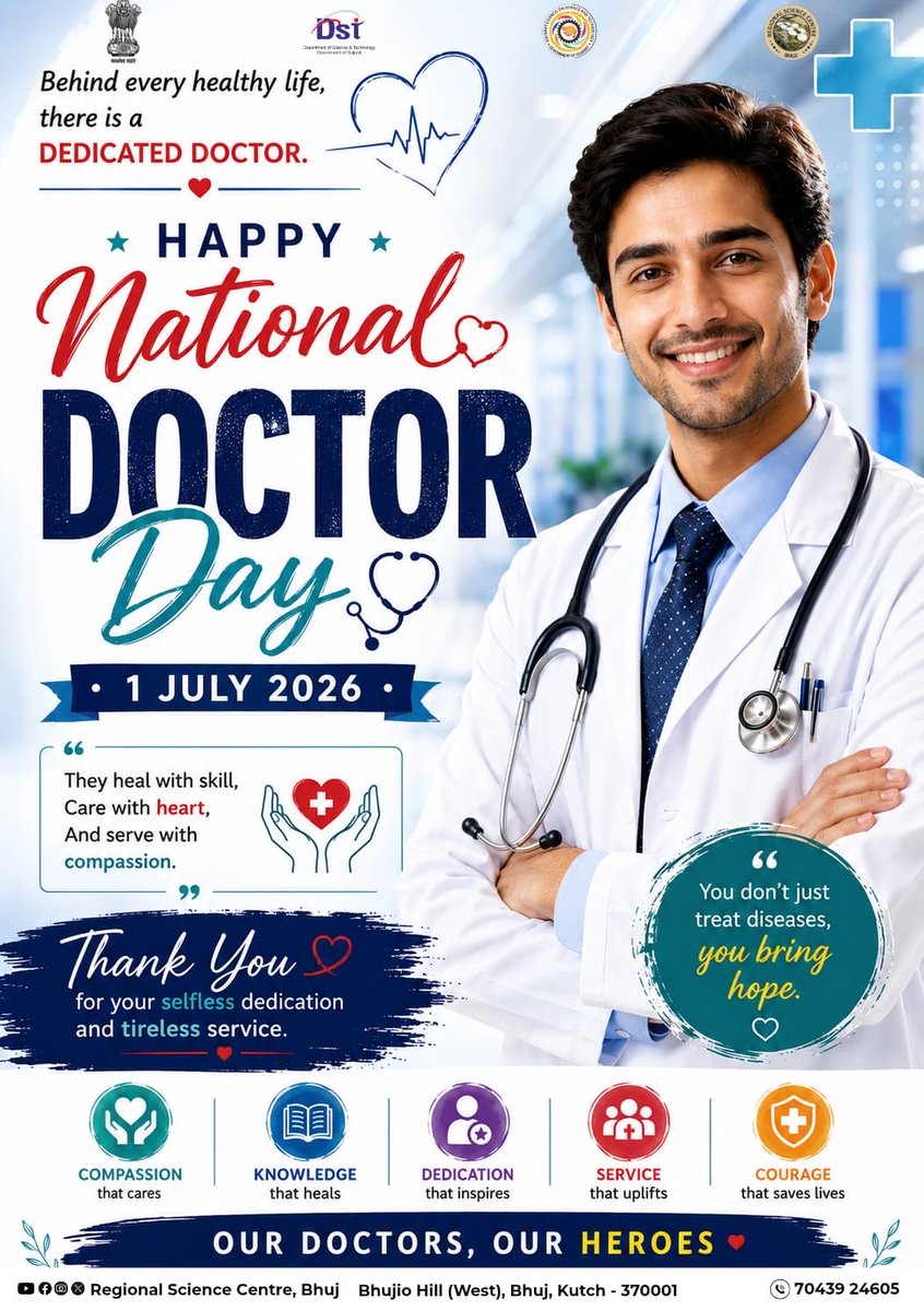 RscBhuj's tweet photo. Real-life heroes don't need capes; they wear white coats and fight invisible enemies with the superpower of medicine. 
@RscBhuj salutes the relentless dedication of our frontline warriors today! Happy National Doctor's Day! https://t.co/JBuRhMR81C