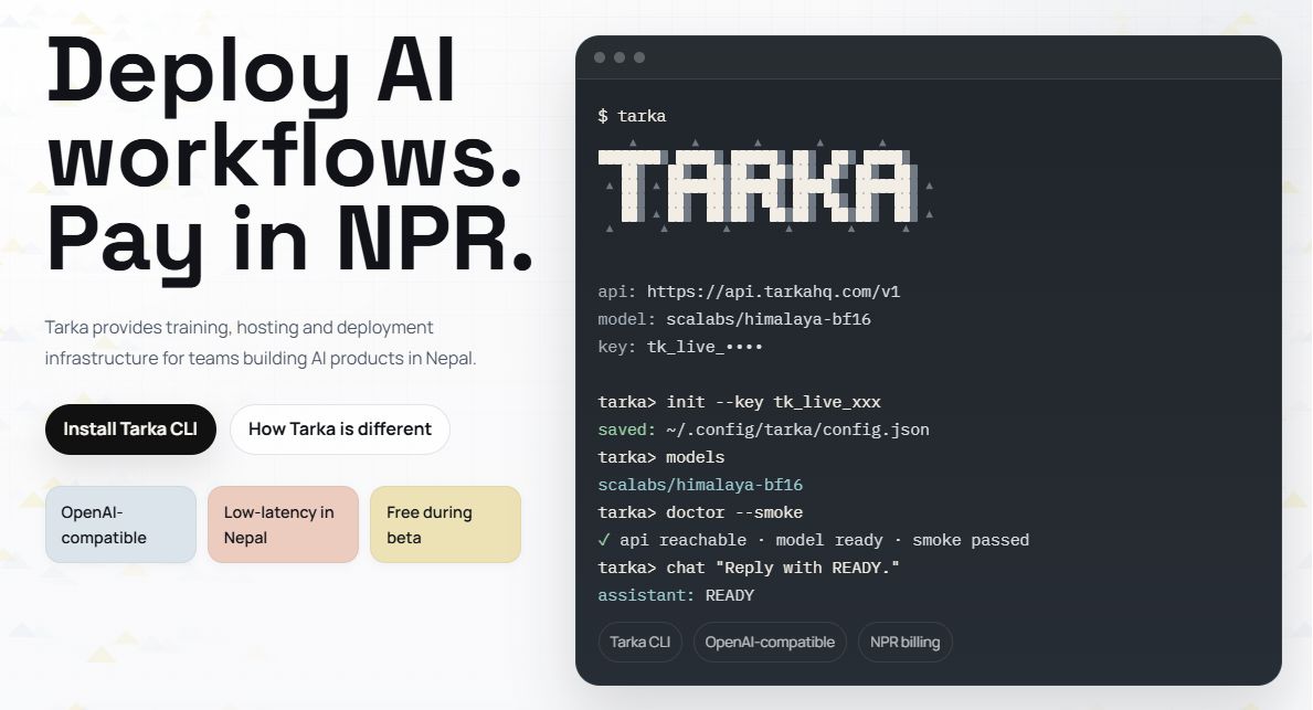 tarkahq's tweet photo. Nepal's AI developers deserve infrastructure that was built for them. That's what Tarka is.

GPU compute. Model training and fine-tuning. Deployment and inference. OpenAI-compatible APIs. NPR billing.

Built for this market. Building now. https://t.co/DjgqLTydWs