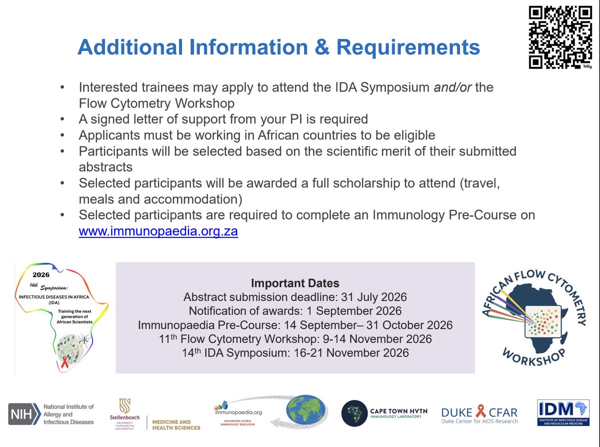 Immunopaedia's tweet photo. 14th IDA Symposium &amp; 11th Flow Cytometry Workshop - Applications are still open (less than 1 month to apply!) 

📅 Application deadline: 31 July 2026

🔗 Apply here: https://t.co/R3VErtGHBc

#Immunology #FlowCytometry #GlobalHealth #AfricanScience https://t.co/qcYisDBTun