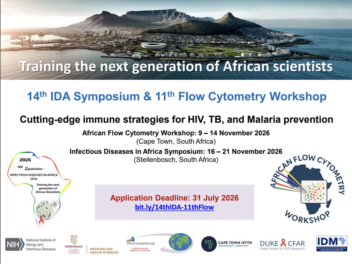 Immunopaedia's tweet photo. 14th IDA Symposium &amp; 11th Flow Cytometry Workshop - Applications are still open (less than 1 month to apply!) 

📅 Application deadline: 31 July 2026

🔗 Apply here: https://t.co/R3VErtGHBc

#Immunology #FlowCytometry #GlobalHealth #AfricanScience https://t.co/qcYisDBTun