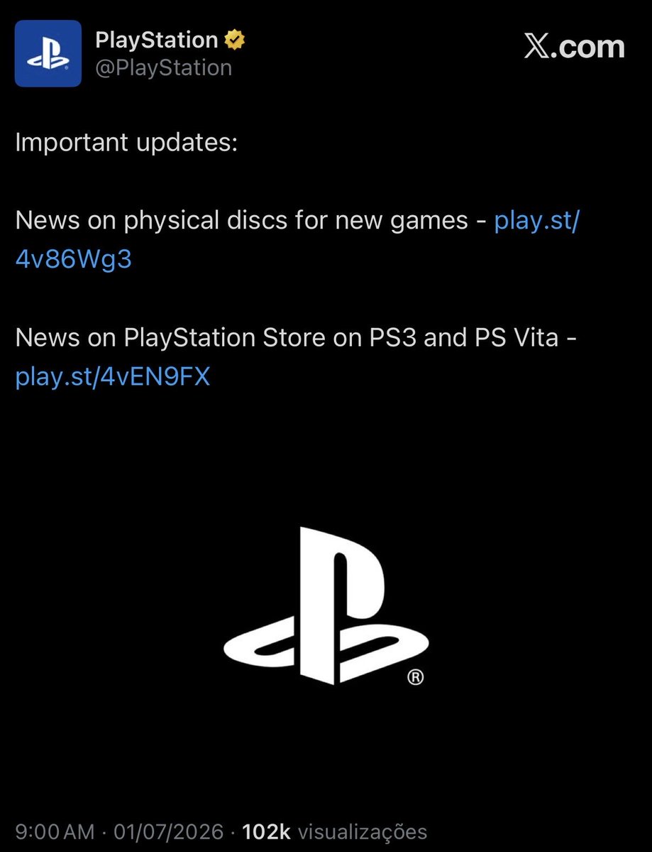 robertbitten_'s tweet photo. 🚨PlayStation anuncia o FIM DA MÍDIA FÍSICA a partir de Janeiro de 2028

Após essa data, todos os lançamentos serão vendidos apenas em formato digital, tanto na PlayStation Store quanto em varejistas

PERDEMOS DEMAIS https://t.co/sLYPcoRqb2