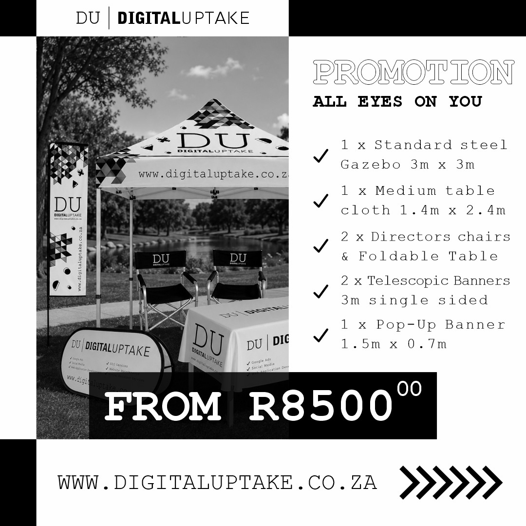 DigitalUpt's tweet photo. ALL EYES ON YOU👀 

✅ 1 x Steel Gazebo | 3m x 3m
✅ 1 x Foldable Table | 1.8m x 0.75m
✅ 1 x Medium Table Cloth | 1.4m x 2.4m
✅ 2 x Directors Chairs
✅ 1 x Pop-Up Banner | 1.5m x 0.7m
✅ 2 x Telescopic Banners | 3m

FROM R8 500.00

🌐 https://t.co/G0AedJKuxA

#DigitalUptake https://t.co/0ussCXrzHl