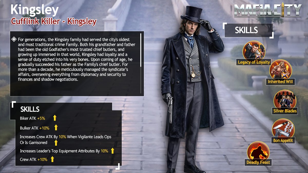 MafiaCity's tweet photo. Loyalty never dies. It takes revenge. ⚔️
🎩Meet the new Vigilante Cufflink Killer – Kingsley. Calm, composed, and relentlessly precise, he walks the line between perfect etiquette and ruthless justice. Every move is measured. Every target has a name.

♟️Recruit Kingsley and let unwavering loyalty become your deadliest weapon. #MafiaCity