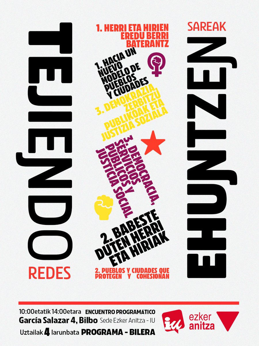 EzkerAnitzaIU's tweet photo. Estamos a las puertas del Encuentro Programático. 

Un ejercicio de participación colectiva para fortalecer una alternativa de izquierdas, transformadora, ecologista, feminista, republicana y comprometida con la justicia social.

Asumimos el reto.
#TejiendoRedes. https://t.co/cPiWTw2oFn