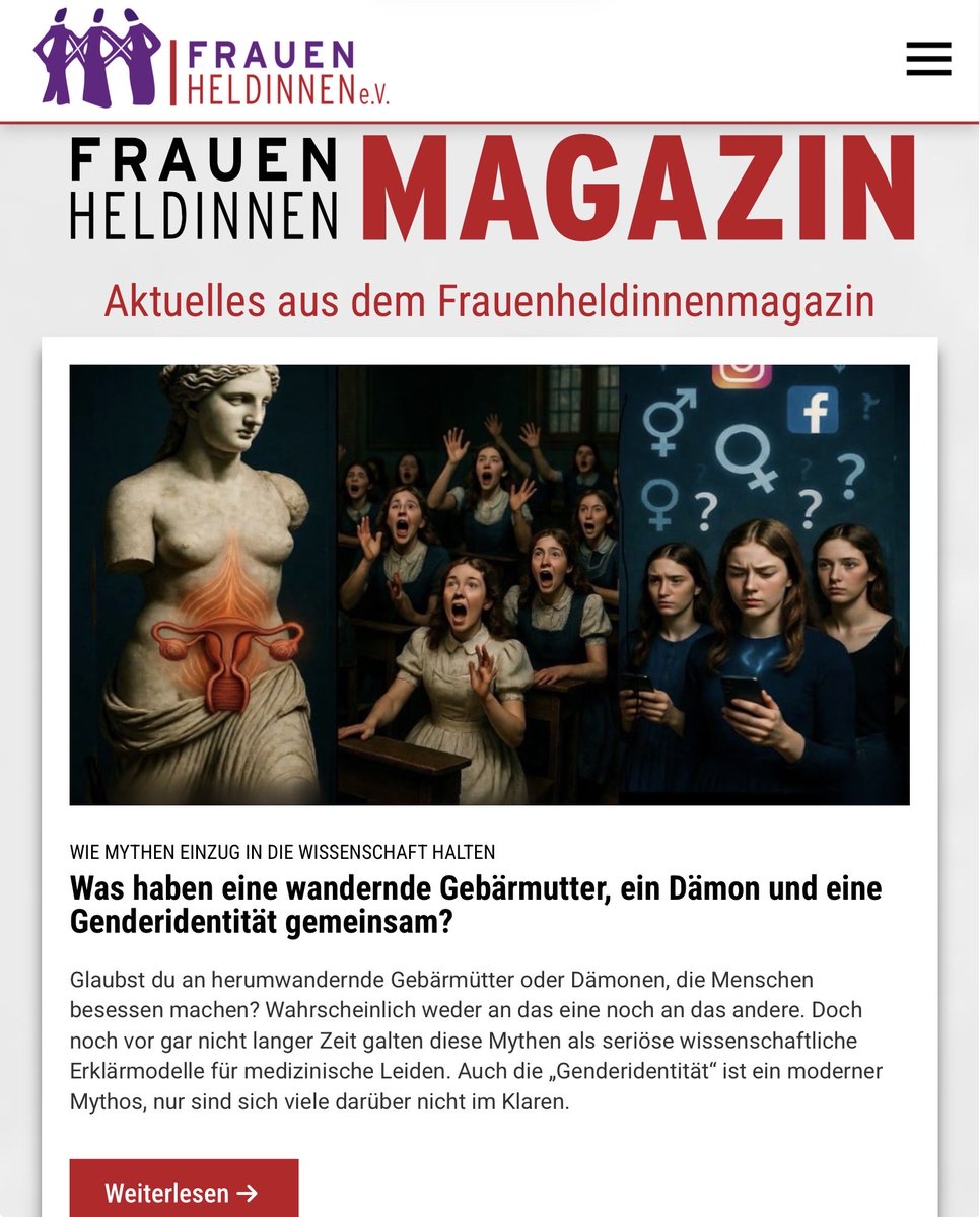 wundertussi's tweet photo. im magazin der @FrauenHeldinnen durfte ich etwas genauer ausführen, warum ich eine ‚genderidentität‘ lediglich für einen medizinischen mythos halte - und was es braucht, auch diesen schädlichen mythos endlich wieder zu dekonstruieren. 

‚was haben eine wandernde gebärmutter, ein dämon und eine genderidentität gemeinsam?‘

danke für diese plattform 🤗🙏
👉📄 https://t.co/0kNHCFL1tb