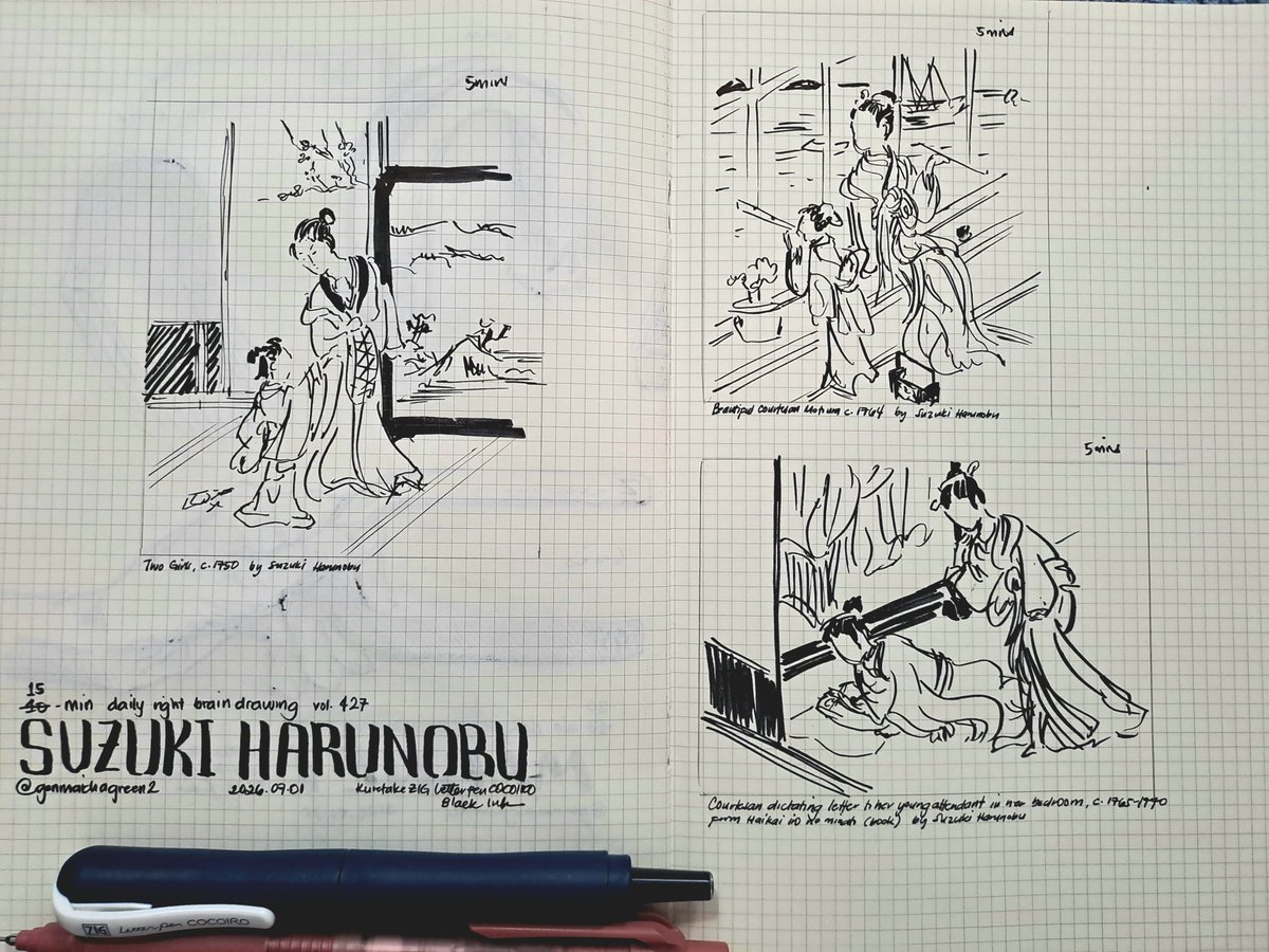 GenmaichaGreen2's tweet photo. Ah, what a treat to learn more about Japanese art history. Took my time to take in the flowing lines of the clothes and the straight framing lines. All in woodblock print! Truly great works. Thank you for the practice~ #DailyRightBrainDrawing
#毎日右脳ドローイング https://t.co/TUGzs4Z1G1