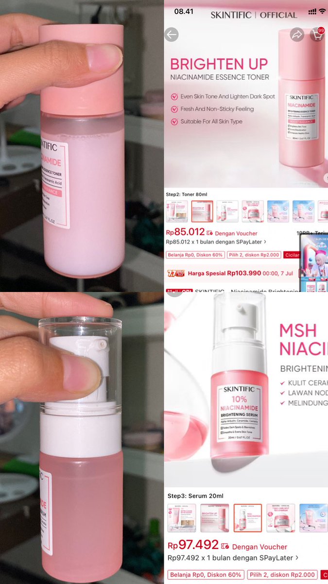 kangsol_b's tweet photo. halo aku mau jual/prelove skincareku

beli krn lucu warna pink doang jd ga kepake 🥲
sisanya tertera di foto ya (waktu baru dateng jg ga penuh2 amat guys)

skintific
toner niacinamide 70k
serum niacinamide 80k
moist niacinamide 80k
bright fit ss 60k

take all 270k

#wts #preloved https://t.co/JY1tZOXoyc
