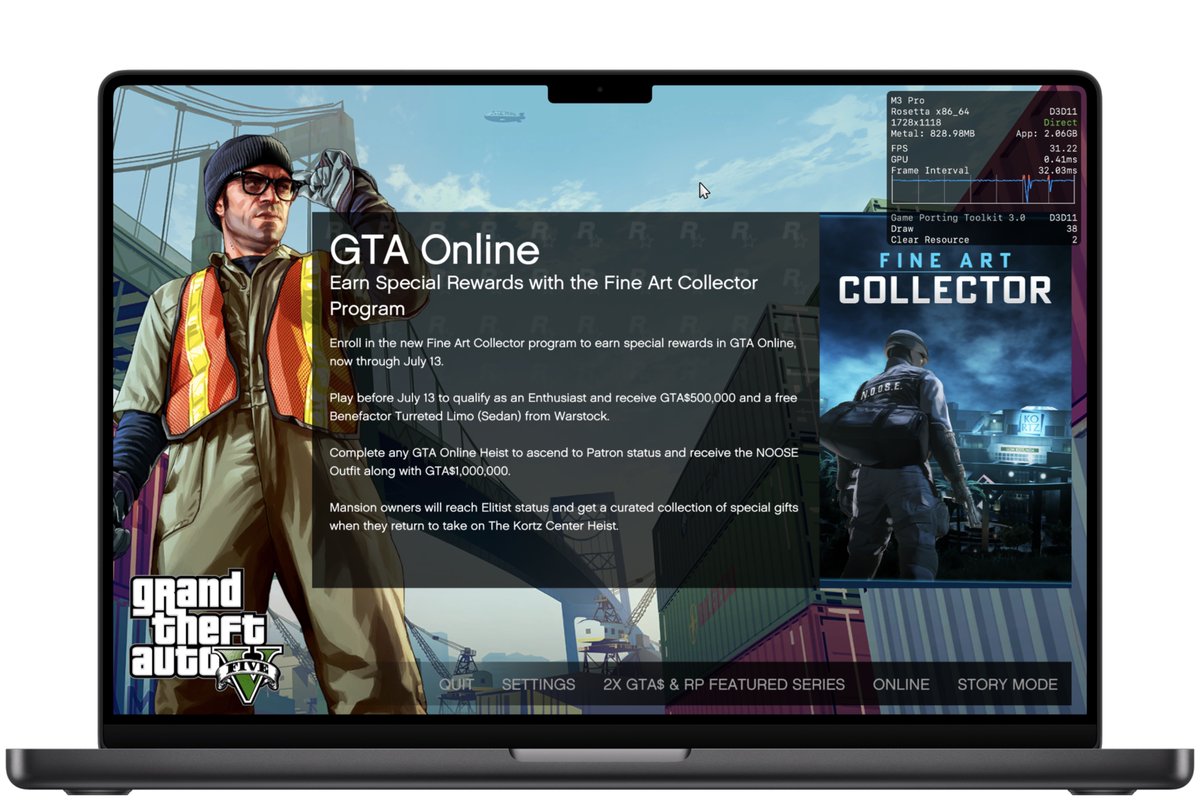 AdityaOnMedium's tweet photo. I bought my MacBook Pro for work.

Last week I finished GTA 5 on it in 5 days.

Turns out the Mac quietly became a gaming machine while nobody was looking — here's my accidental journey into Apple's gaming comeback 

Link in the post below👇 https://t.co/VaIXSQaa68
