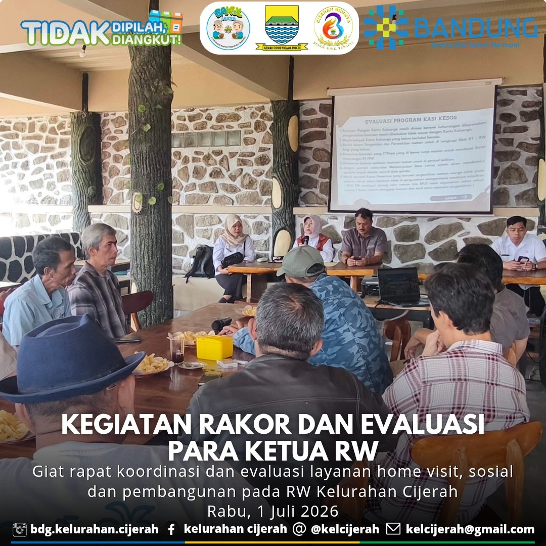kelcijerah's tweet photo. Giat rapat koordinasi dan evaluasi layanan home visit, sosial dan pembangunan pada RW Kelurahan Cijerah. Rabu, 1 Juli 2026 Cc : @hmfarhanbdg @kangerwin_bdg @bag.tapembandung @halobandung @humas_bandung @bdg.bkpsdm @kec_bandung_kulon @kartila7262 
#bandungutama https://t.co/3Qe6KQJPt0