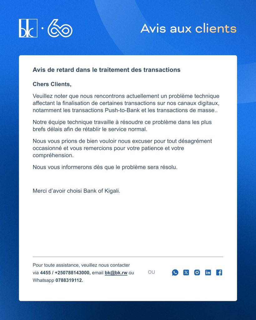 mybksupport's tweet photo. ITANGAZO RIGENEWE ABAKILIYA - NOTICE TO CUSTOMERS - AVIS AUX CLIENTS https://t.co/NvcmraXAe2