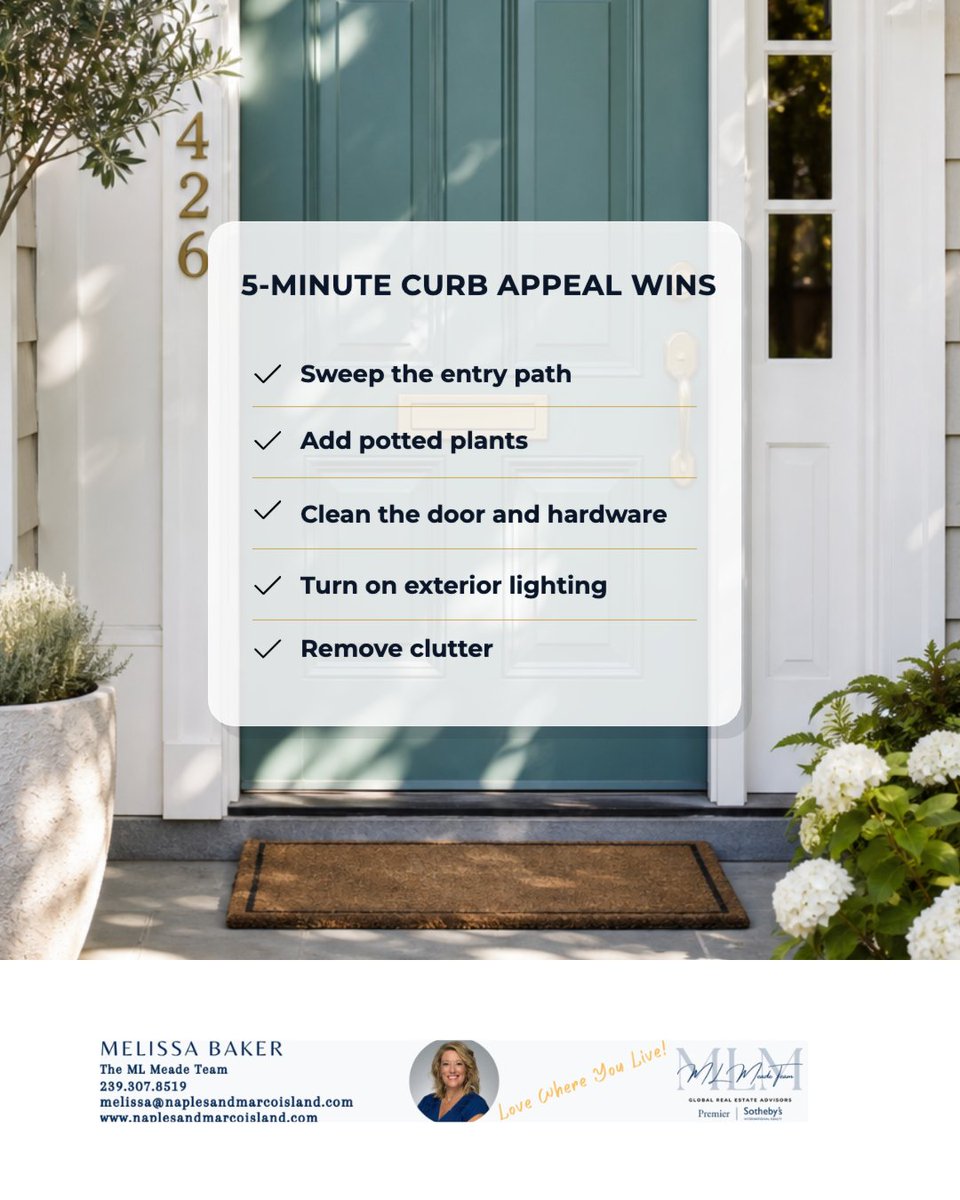 melbnaples's tweet photo. You don’t need a major landscaping project to boost curb appeal. 🏡✨

🌿 Tidy the entry and walkways
🪴 Add fresh plants
🚪 Clean the front door
💡 Turn on exterior lights
📦 Clear porch clutter

Small updates can make a big first impression.

#lovewhereyoulive https://t.co/oxpYVR8s9b