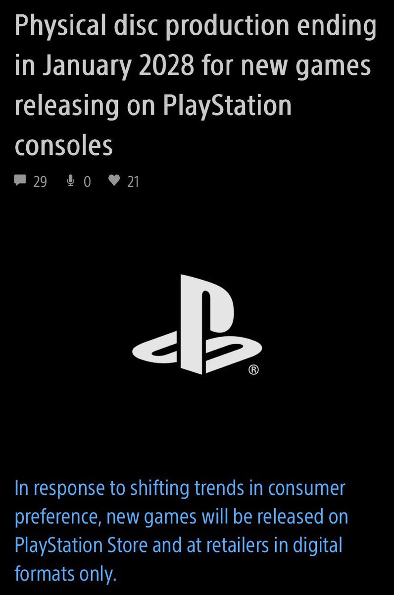 semonster66's tweet photo. 💀 PLAYSTATION APGA EL FORMATO FÍSICO: La producción de discos terminará en enero de 2028 para nuevos juegos que se lancen en consolas PlayStation.

Nos emplazan a la tienda digital.

Pues se acabó señores. Esto ha tocado fondo de una manera que no me vi venir tan pronto. https://t.co/yYqXPobGNn