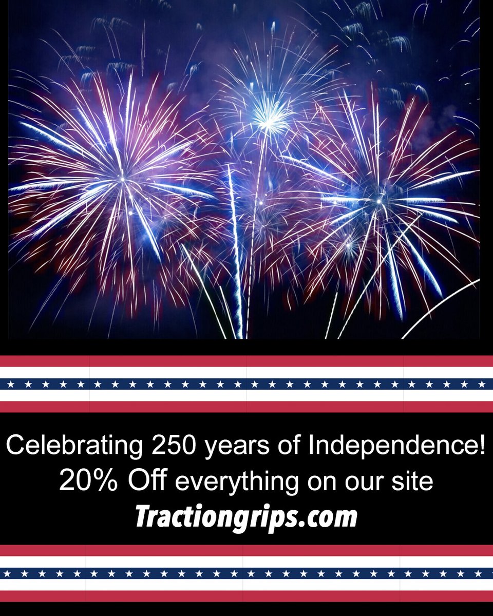TractionGrips's tweet photo. Independence Day sale at https://t.co/2y7UXkgH6M 20% off everything on our site through 7/6/26 #independencedaysale #griptape #tractiongrips Happy Birthday America! #250years https://t.co/75IuFCestF