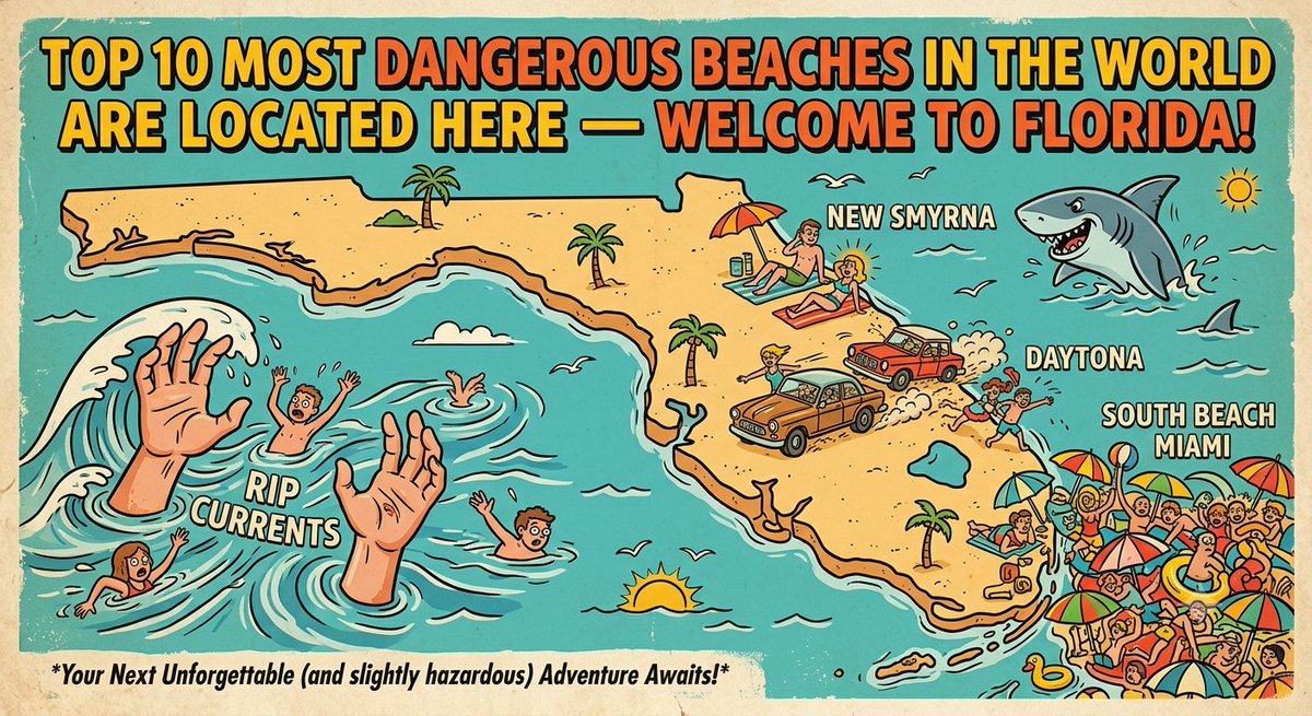 StraightFlorida's tweet photo. Florida doesn’t have “dangerous beaches.”

We have a starter pack.

The most dangerous beaches in the world? Yeah, we've got all of them right here.

New Smyrna — Shark Bite Capital of the World.  

Panama City — Rip currents so strong they’ll steal your grandma.  

Daytona — Where getting hit by a car on the beach is a legitimate concern.  

Indialantic, Cocoa, Ponce Inlet — All fighting for the title of “how fast can you drown today?”

Meanwhile South Beach is so overcrowded it’s basically a drowning contest with a better Instagram filter.

So if you’re some tourist who can barely swim in a hotel pool… maybe just stay up north. Florida beaches aren’t for the weak. 

We don’t play out here. Bring your big boy pants or stay in the kiddie pool. 🦈 🏖️