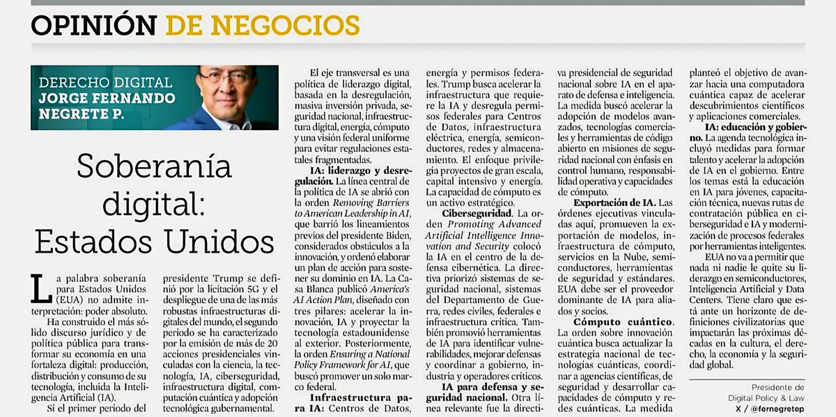 fernegretep's tweet photo. "Soberanía digital: Estados Unidos"
La palabra soberanía para Estados Unidos (EUA) no admite interpretación: poder absoluto.
Ha construido el más sólido discurso jurídico y de política pública para transformar su economía en una fortaleza digital: producción, distribución y consumo de su tecnología, incluida la Inteligencia Artificial (IA). 
Si el primer periodo del presidente Trump se definió por la licitación 5G y el despliegue de una de las más robustas infraestructuras digitales del mundo, el segundo periodo se ha caracterizado por la emisión de más de 20 acciones presidenciales vinculadas con la ciencia, la tecnología, IA, ciberseguridad, infraestructura digital, computación cuántica y adopción tecnológica gubernamental. Esta es la arquitectura institucional mas importante del planeta, pensada para liderar la ciencia y tecnología, el mercado, la innovacion la seguridad y nuestra sociedad digital.
#geopolitica #geopoliticadigital #digitalpolicy #geopolitics
@Reforma