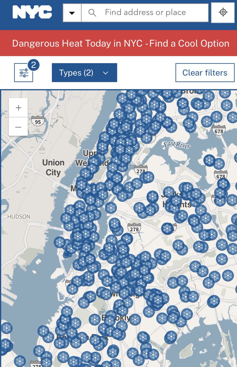 MarkLevineNYC's tweet photo. We are heading into a record-breaking heat wave over the next four days—with heat index as high as 115°.

NYC will have 600+ cooling centers open across the five boroughs, in libraries, senior centers, NYCHA facilities etc. (including some which are pet friendly)

To find a cooling center near you, visit https://t.co/nd9yJ12chH or call 311.  

LinkNYC kiosks will show real-time walking directions to the nearest cooling center within a 10-minute walk.

Each summer approx 500 NYers die prematurely because of heat-related illness. Please take this heat wave seriously. And check on vulnerable neighbors if you can.