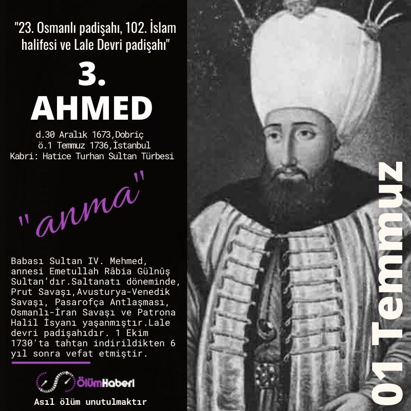 OlumHaberi's tweet photo. GÜNÜN ANMALARI. (01.Temmuz)
2. Mahmud
3. Ahmed
Adnan Adıvar
https://t.co/mHRZXAkEsq
#İstanbul #vefat #anma #tarih #2Mahmud #3Ahmed #AdnanAdıvar #yazar #tiyatro #sinema #tarihci #ogretmen #profesor #gazeteci #Osmanli #TBMM https://t.co/kaEENXKR76