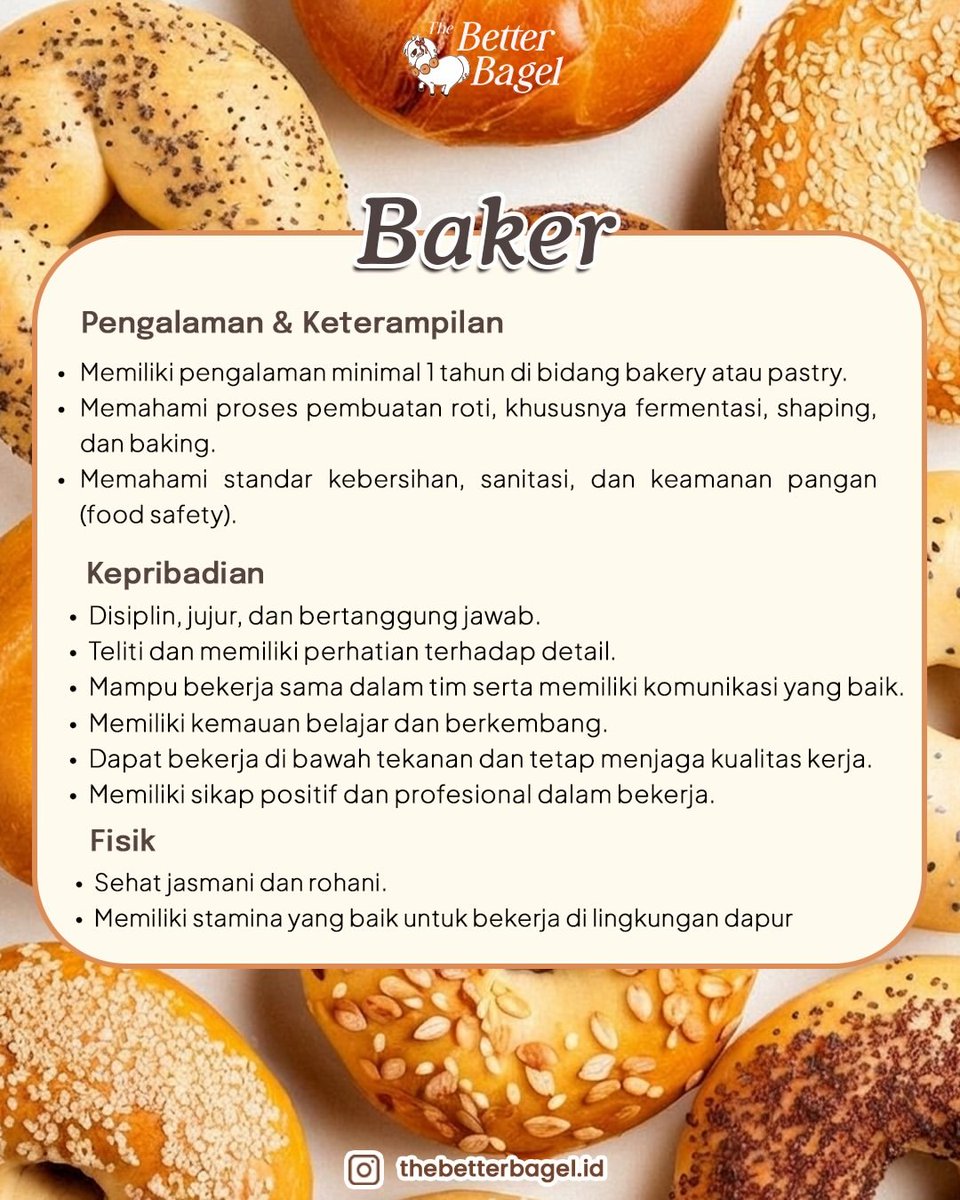 disiniloker's tweet photo. 📢 Info lowongan kerja (loker) 
 
The Better Bagel 
🧑‍💻  Baker, Barista, Waitress, Head Chef, Kitchen Crew 
📍 BSD, Tangerang 
🔗Kirim CV ke: thebetterbagelindonesia@gmail.com   

#disiniloker #infoloker #loker https://t.co/c5WKtlD3jW