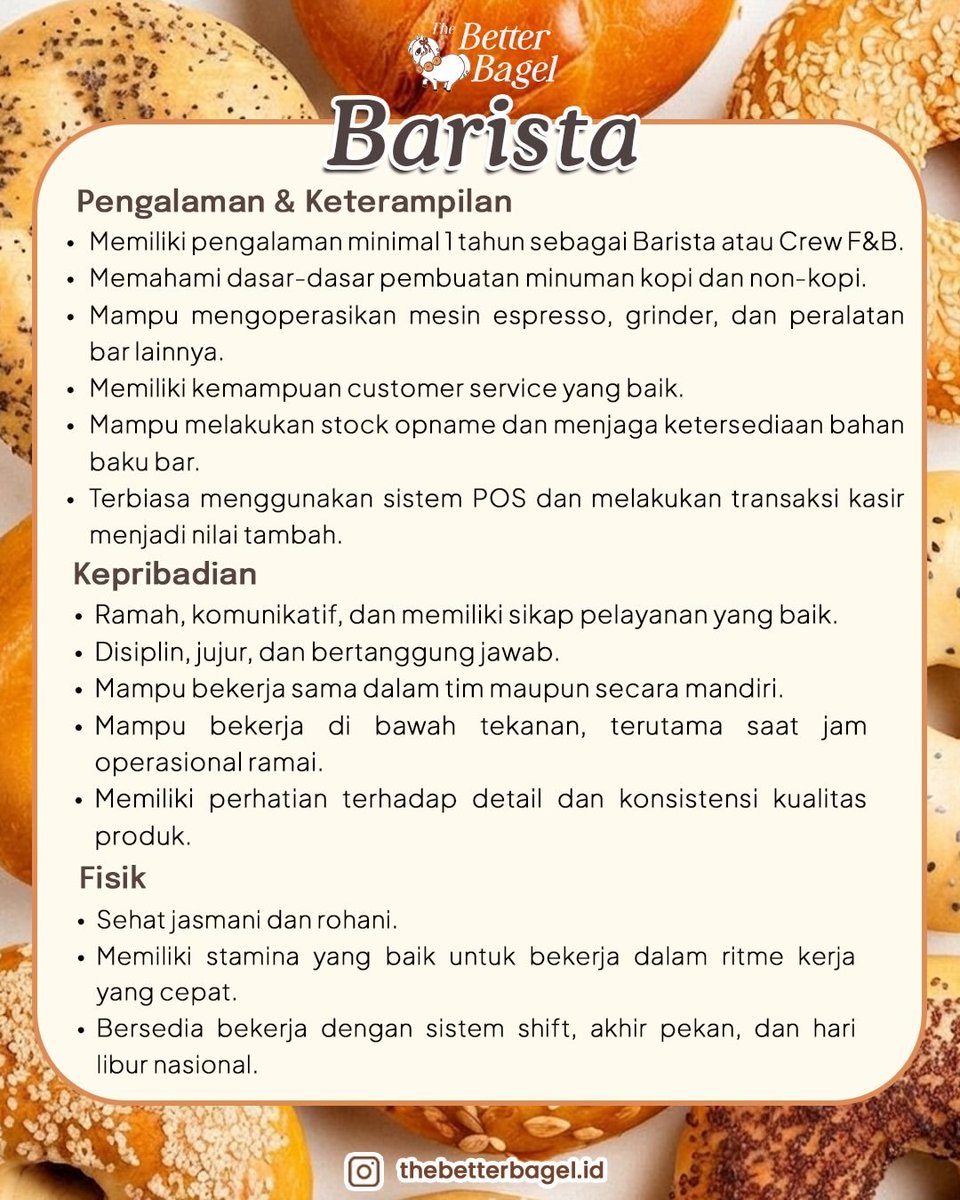 disiniloker's tweet photo. 📢 Info lowongan kerja (loker) 
 
The Better Bagel 
🧑‍💻  Baker, Barista, Waitress, Head Chef, Kitchen Crew 
📍 BSD, Tangerang 
🔗Kirim CV ke: thebetterbagelindonesia@gmail.com   

#disiniloker #infoloker #loker https://t.co/c5WKtlD3jW