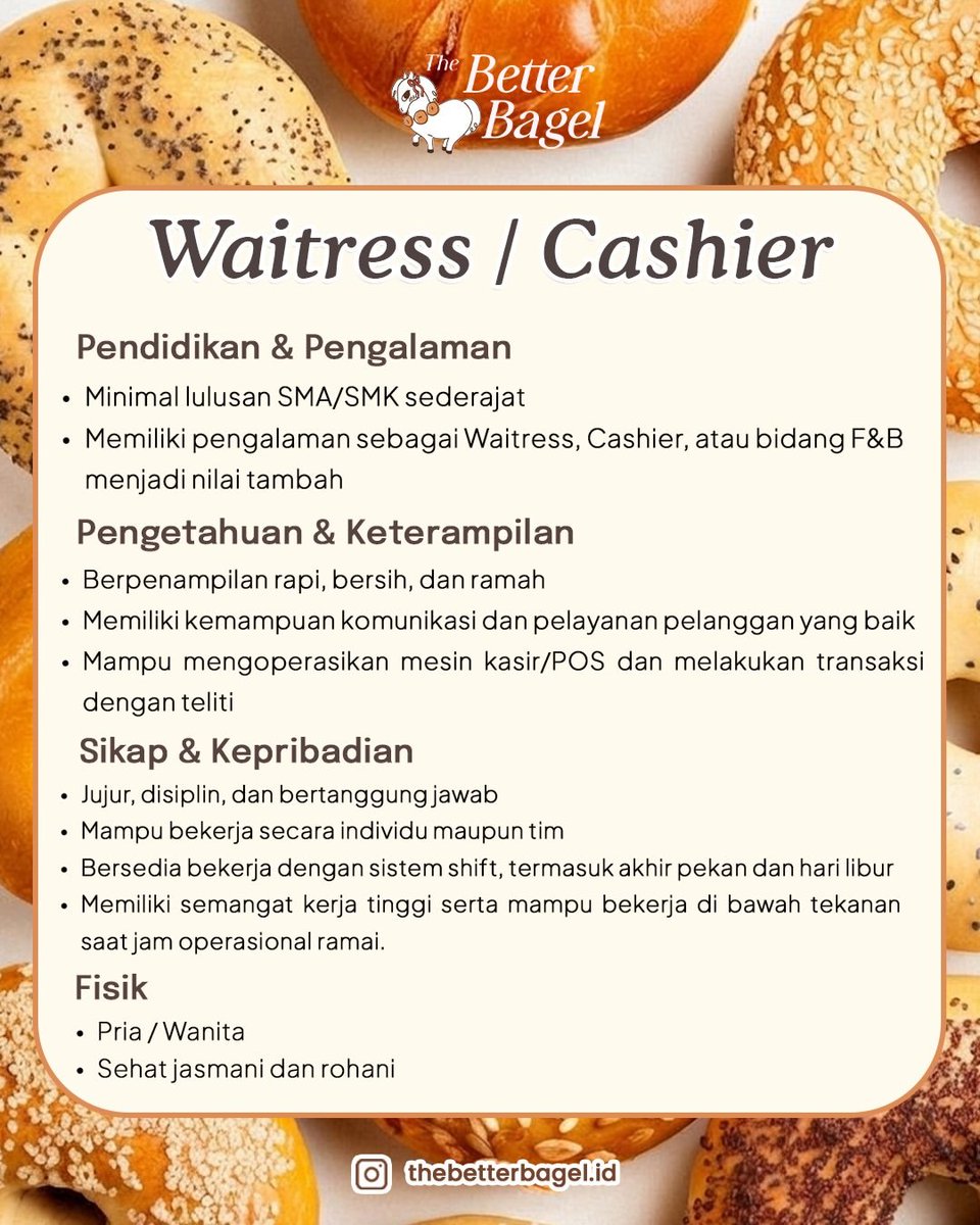 disiniloker's tweet photo. 📢 Info lowongan kerja (loker) 
 
The Better Bagel 
🧑‍💻  Baker, Barista, Waitress, Head Chef, Kitchen Crew 
📍 BSD, Tangerang 
🔗Kirim CV ke: thebetterbagelindonesia@gmail.com   

#disiniloker #infoloker #loker https://t.co/c5WKtlD3jW