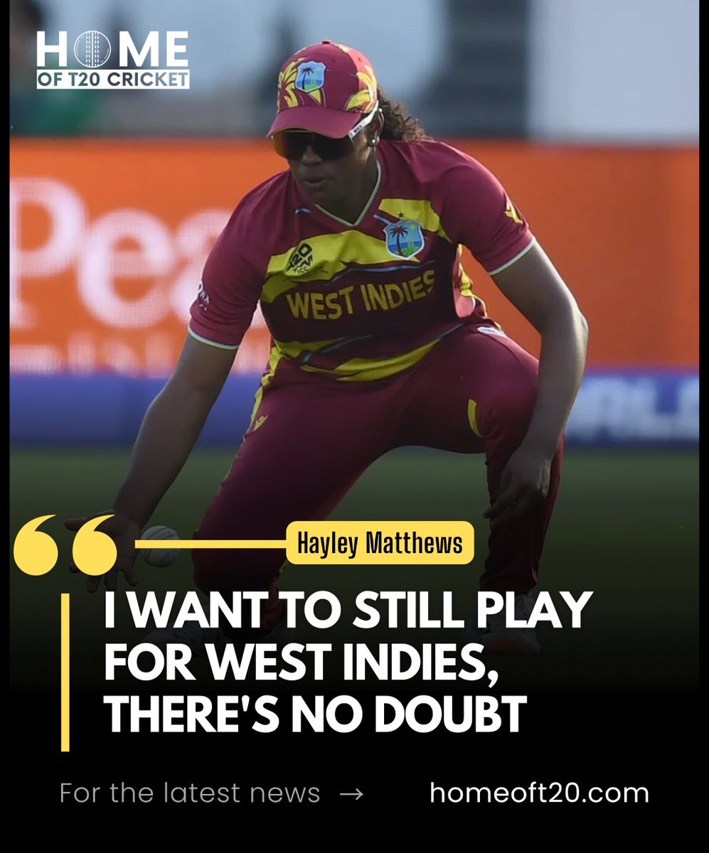 HomeofT20's tweet photo. Hayley Matthews shuts down retirement talk ❤️🏏 

“I still want to play for West Indies.”

#WestIndies #T20WorldCup https://t.co/8CJADhwvz6