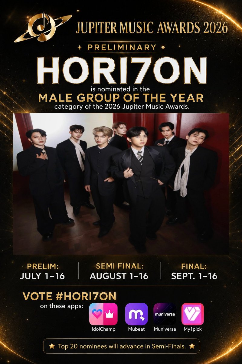 HORI7ONnation's tweet photo. JUST IN : HORI7ON is nominated in the Male Group of the Year category of the 2026 Jupiter Music Awards.

#HORI7ON https://t.co/sNBhVL9t4T