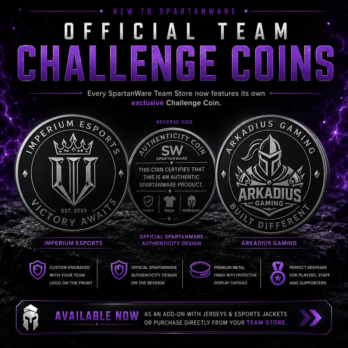 Spartan_Ware's tweet photo. 🪙 NEW TO EVERY SPARTANWARE TEAM STORE 🪙

Introducing our Official Team Challenge Coins!

Every SpartanWare Team Store now has its own exclusive engraved challenge coin, featuring:

⚔️ Your team's logo & name engraved on the front
🛡️ Official SpartanWare authenticity design on the reverse
🖤 Premium black anodised metal finish
📦 Protective display capsule included
Available now as an optional add-on with every jersey and esports jacket, or purchase one directly from your team's store.
A premium collectible for players, staff and supporters.
Which team's challenge coin are you picking up first? 👀

🔗 https://t.co/HEMm6H4iA1

#SpartanWare #Esports #ChallengeCoin #Gaming #EsportsJerseys #BuiltDifferent