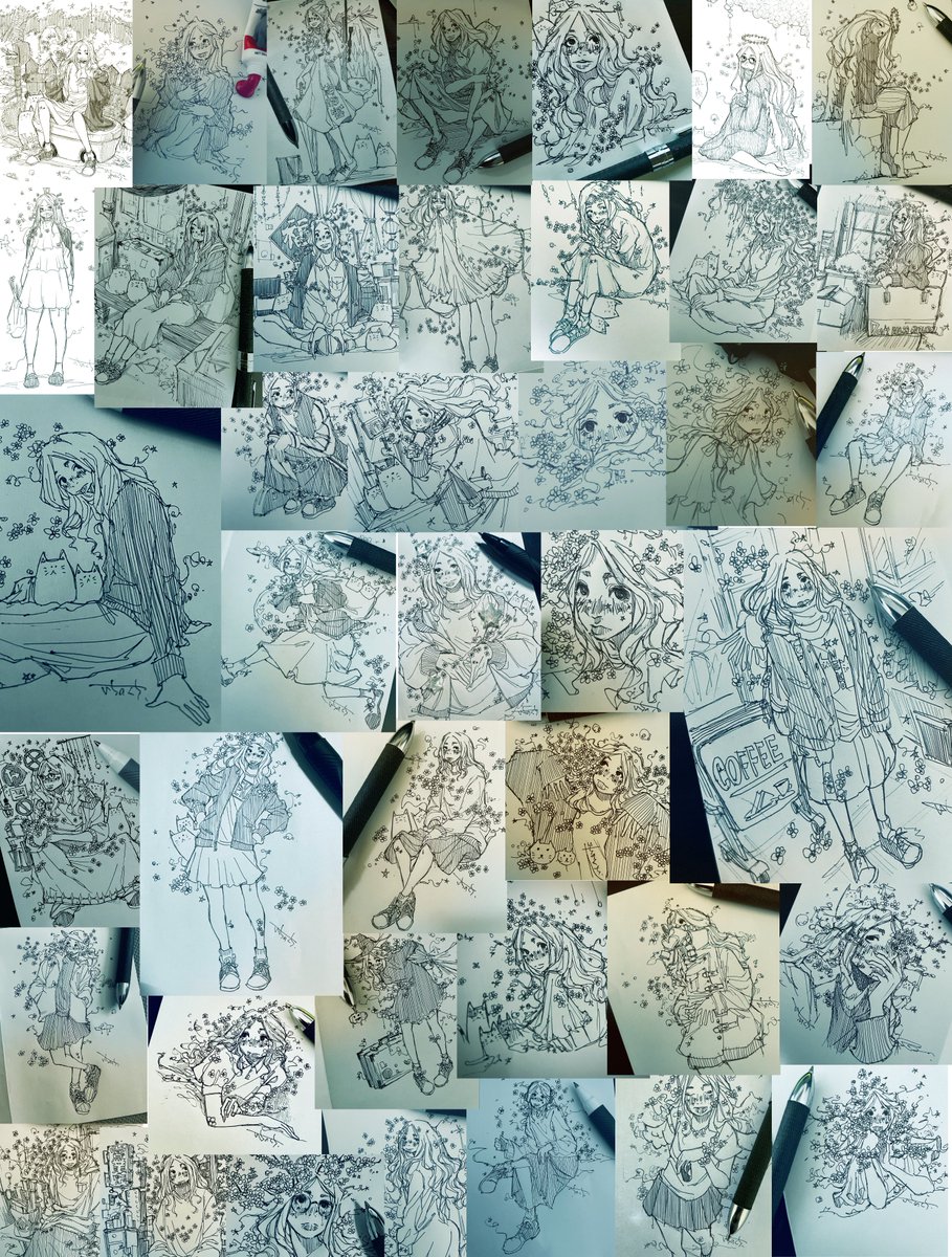 ishinoillust's tweet photo. 世界一可愛いらくがきの子。っていうシリーズ描き始めて今日で44作品目なんだけど、描いている時は一枚の勝負だからなんて事なくても、改めてこうやって並べてみると良くまぁ描いてるなぁとちょっと感慨深いものありますね。
たまには引用やリプしてくれたりして良いんだからね。今後共よろしく https://t.co/VDvbizWmLE