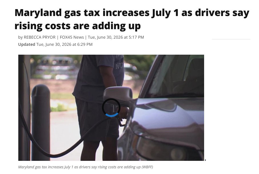 MattMorgan29A's tweet photo. Happy gas tax increase day, Maryland. Let that sink in.
Democratic candidates across the state are campaigning on higher taxes. Today, they're getting exactly what they wanted. Celebrate accordingly.

Here's how it works: Maryland's gas tax is tied to the inflation rate. You lived through the Biden years. You felt a 12-cent-per-gallon increase at the pump in 2021-2023. The numbers don't lie.

This session, when prices were skyrocketing, Republicans attempted to offer a fuel tax holiday to save citizens money at the pump.  That initiative was voted down by Annapolis Democrats, who would rather make higher prices a political issue than provide relief to their citizens.  I think it is important to remember that when the middle-class Marylanders needed relief, they turned their backs on you.

And what do Marylanders get in return for these sky-high taxes? A mere 26% of the Transportation Trust Fund actually goes to roads and bridges, while the overwhelming majority of the TTP is spent on the mass-transit utopia.

Republicans, myself included, have fought to stop this automatic tax hike with common-sense legislation. The Annapolis Democrats? They won't even allow it a committee vote.

So here's the bottom line: if you're fed up with the direction Maryland is heading, you have the power to change it. You, your neighbors, your family. This election is your opportunity. Use it wisely.